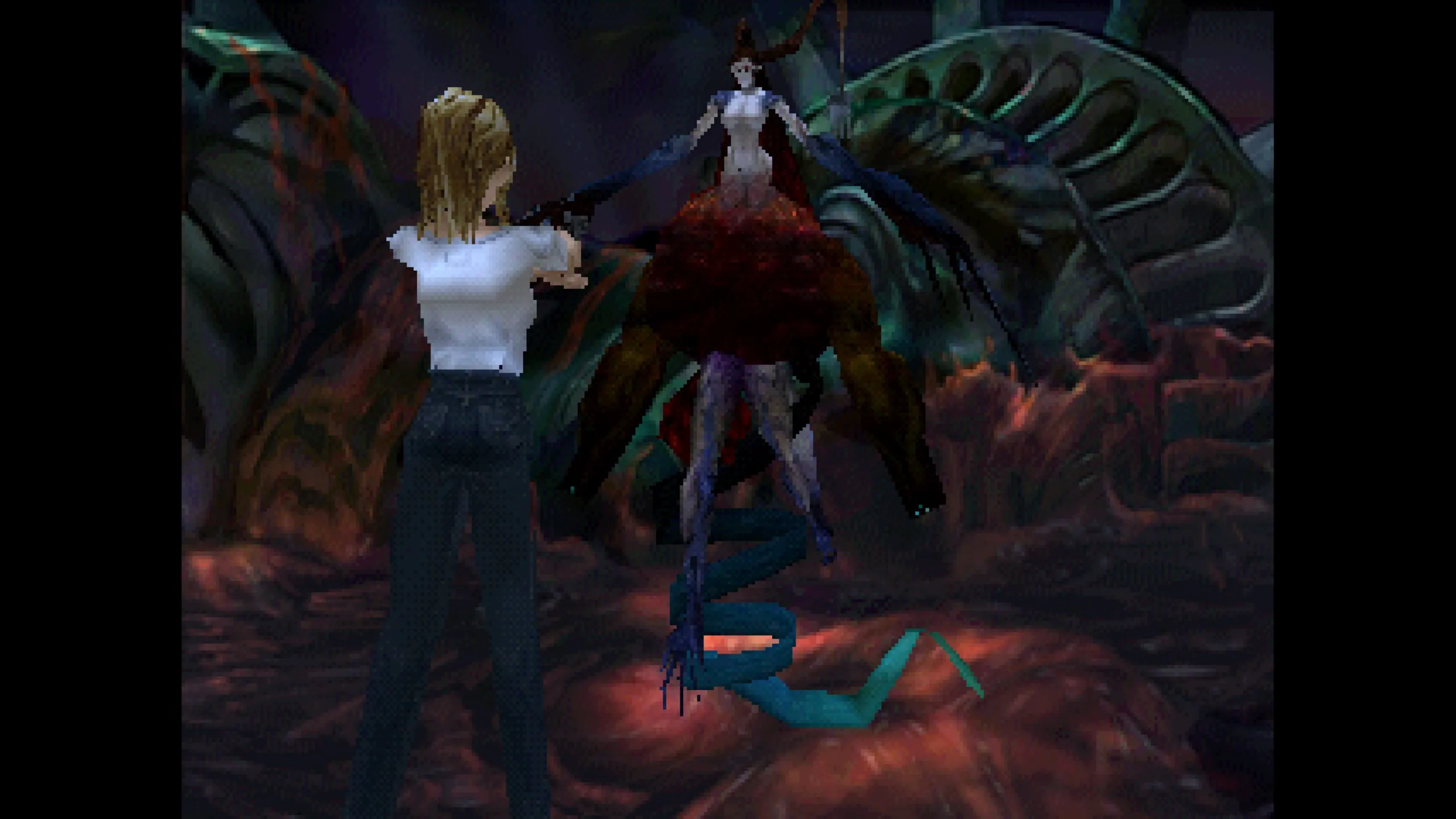 Retro 3D gameplay scene from Parasite Eve showing protagonist Aya Brea in a white dress facing off against Eve, a boss character in white, surrounded by dark organic biological structures