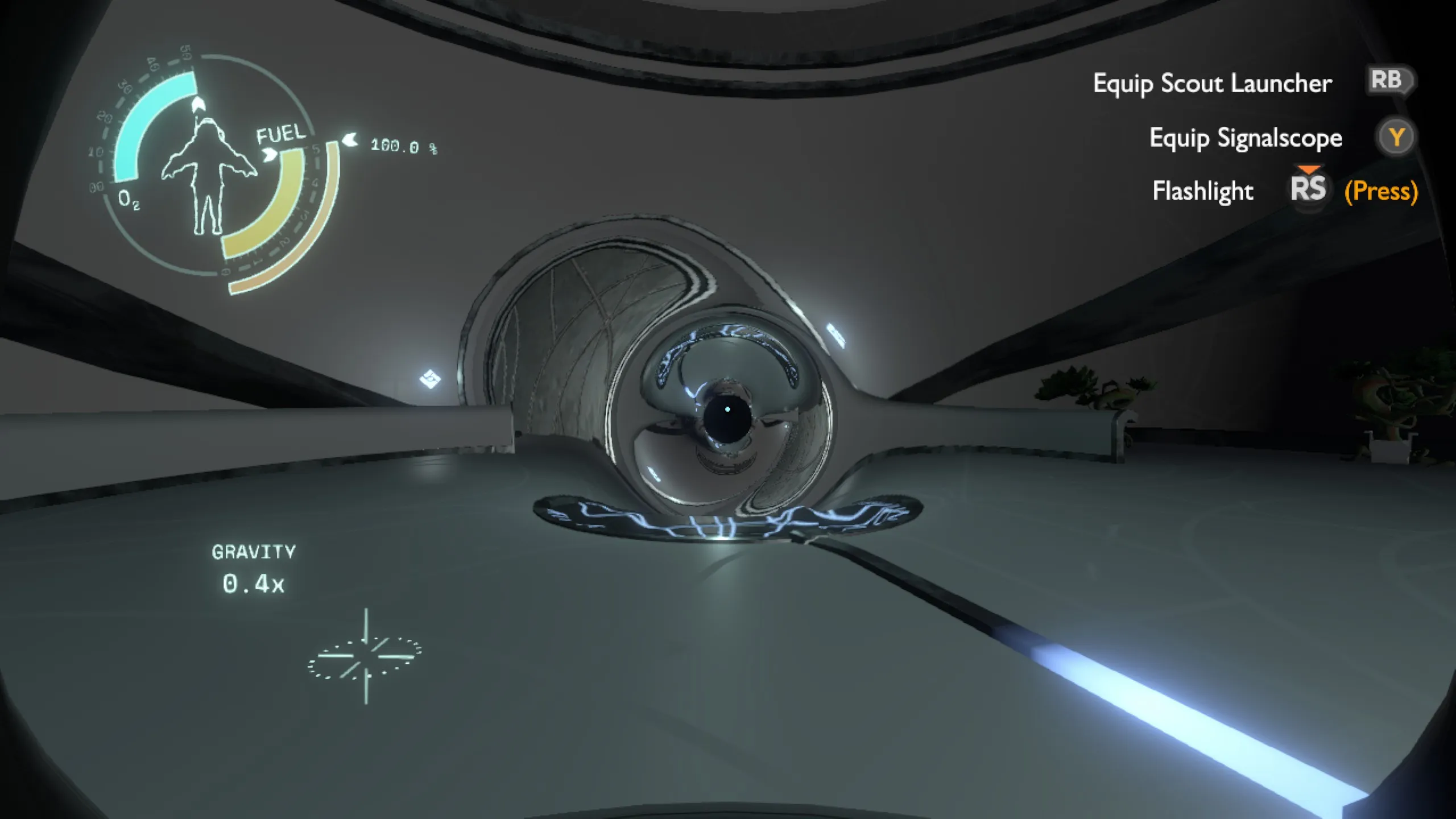 A first-person screenshot from Outer Wilds showing the player standing before a large Nomai warp portal device inside a sleek, white-walled chamber. The spherical apparatus features concentric metallic rings surrounding a dark central lens, with luminous blue-white energy crackling across the floor beneath it. A small potted plant sits to the far right. The HUD shows 0.4x gravity and full fuel, with prompts for the Scout Launcher, Signalscope, and Flashlight.