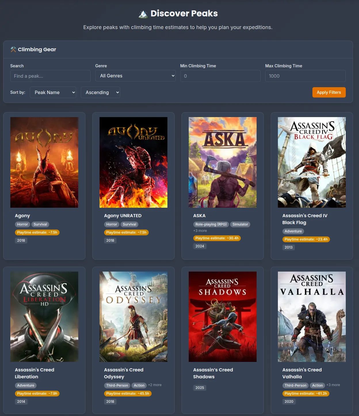“Discover Peaks” page showing a game library browser with filtering options for climbing gear, genre, and time estimates. The page displays game covers in a grid layout including Agony (~7.5h), Agony UNRATED (~7.5h), ASKA (~30.4h), Assassin’s Creed IV Black Flag (~23.4h), Assassin’s Creed Liberation (~7.0h), Assassin’s Creed Odyssey (~45.5h), Assassin’s Creed Shadows, and Assassin’s Creed Valhalla (~61.2h), each with their respective playtime estimates and release years.