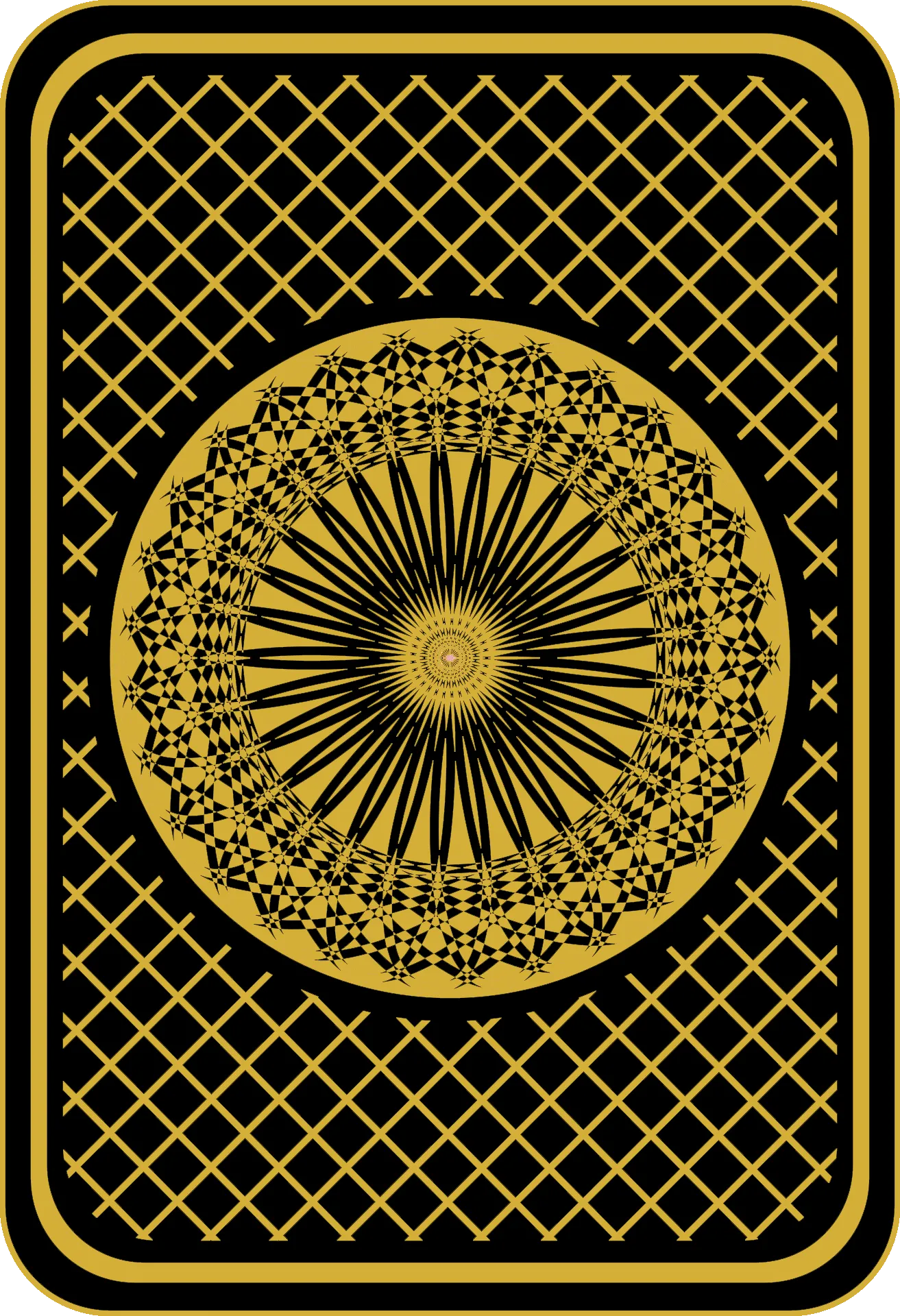 The back of a playing card featuring an intricate gold and black design. The design includes a central circular pattern with radiating lines and a lattice border.