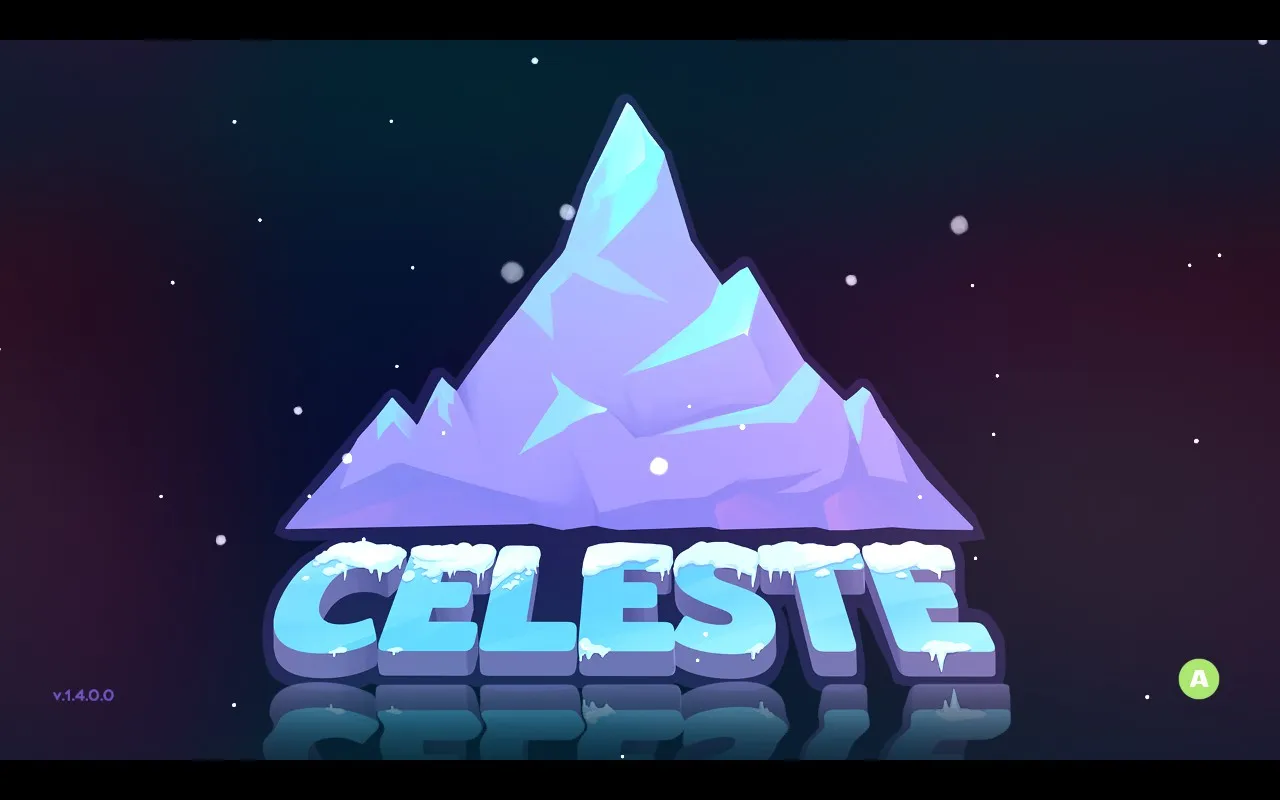 The title screen of the video game “Celeste” features a stylized icy mountain peak above the game’s name, “Celeste,” written in large, ice-covered letters. Snowflakes are falling against a dark, starry background. The version number “v.1.4.0.0” is displayed in the bottom left corner, and a green “A” button prompt appears in the bottom right.