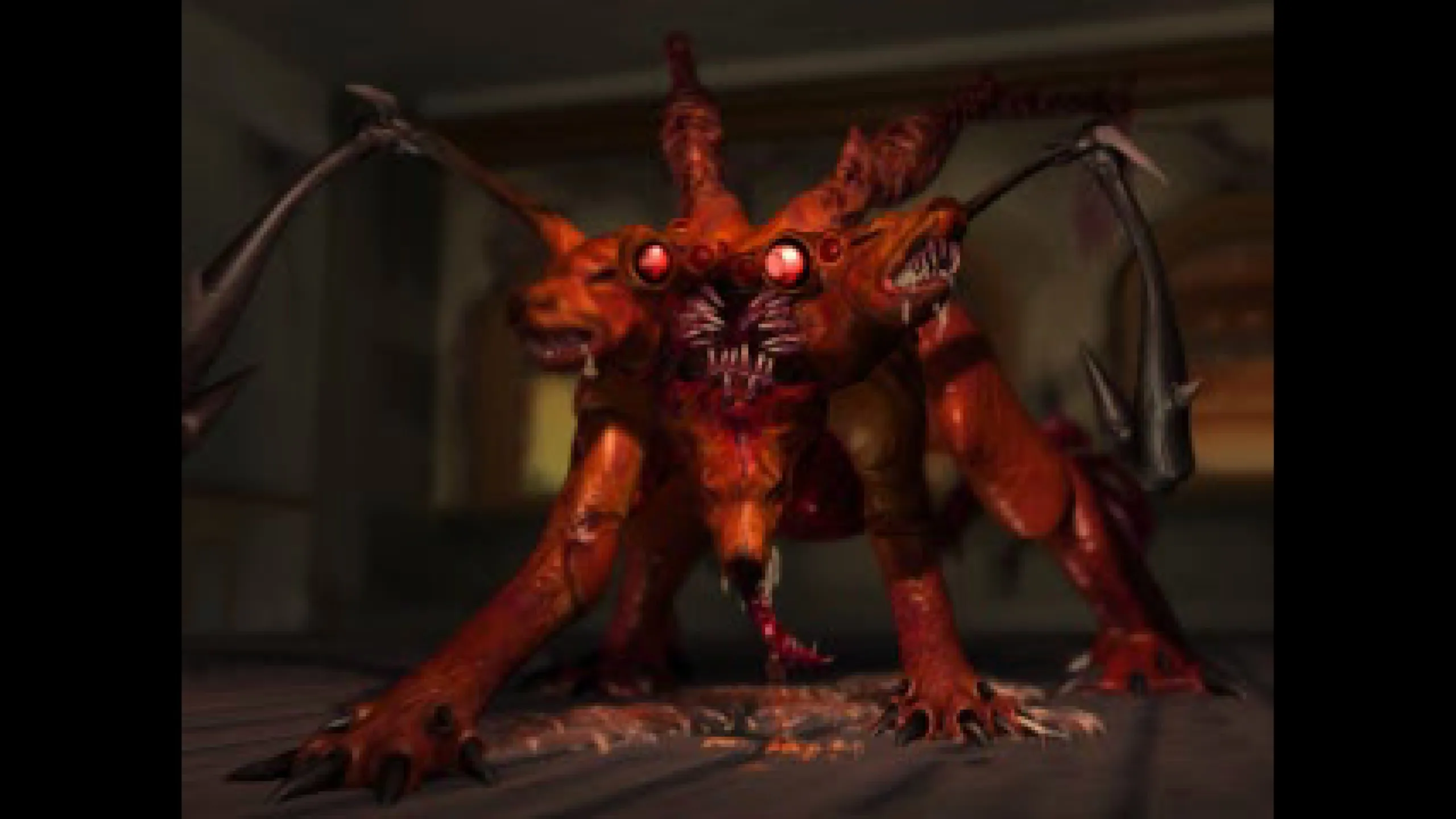 Grotesque mutated Cerberus enemy from Parasite Eve, a red-orange biomechanical creature with three dog-like heads, glowing red eyes, and tentacle-like appendages in an indoor setting