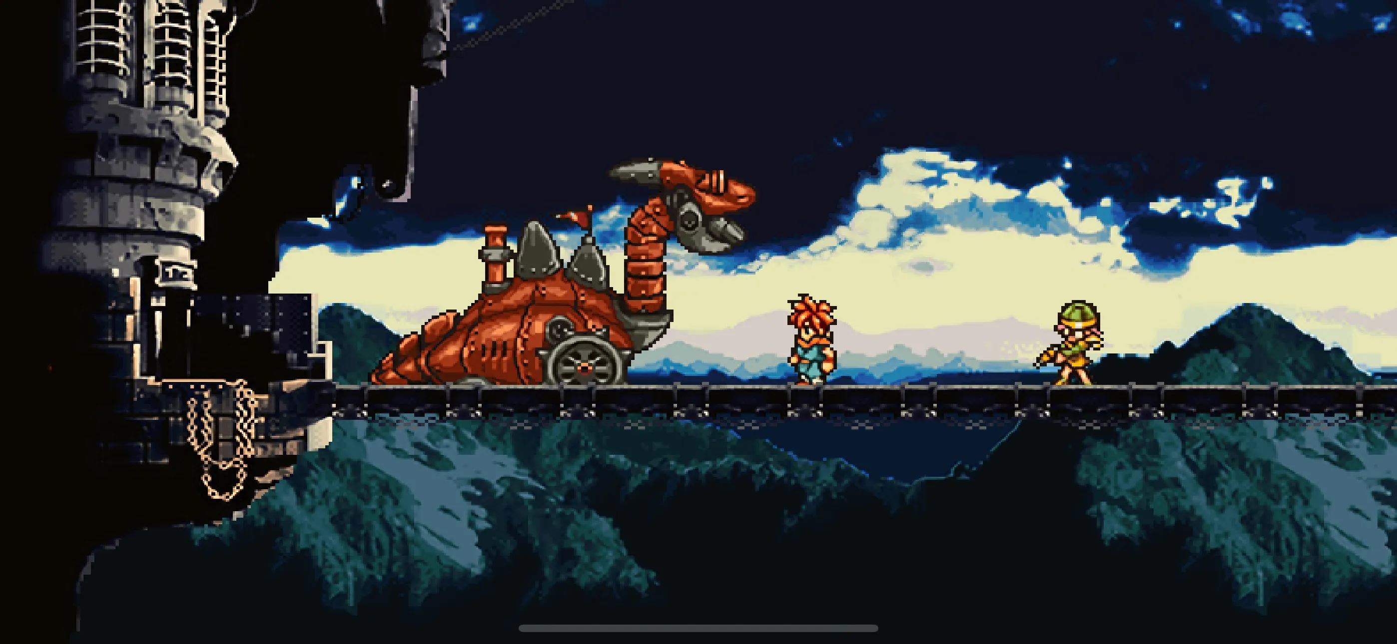 Two characters stand on a narrow bridge against a backdrop of mountains and a cloudy sky. One character, Chrono, has spiky red hair and wears a blue outfit, while the other character, Lucca, wears a green helmet and yellow outfit. In the background, a large, red, mechanical dragon with a long neck and wheels is positioned on the bridge, facing the characters.