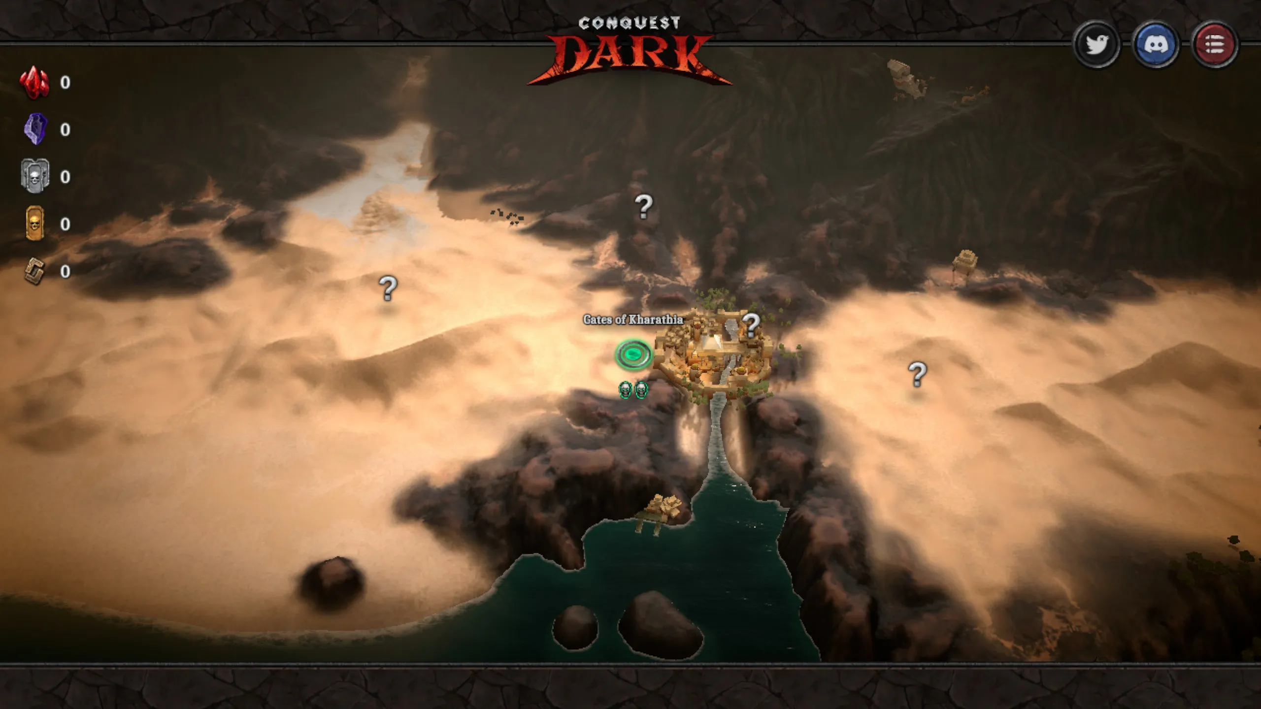 Conquest Dark strategy game map showing a desert landscape with the Gates of Kharathin fortress at the center, surrounded by unexplored fog of war marked with question marks, with resource counters displayed on the left side and social media icons in the top right