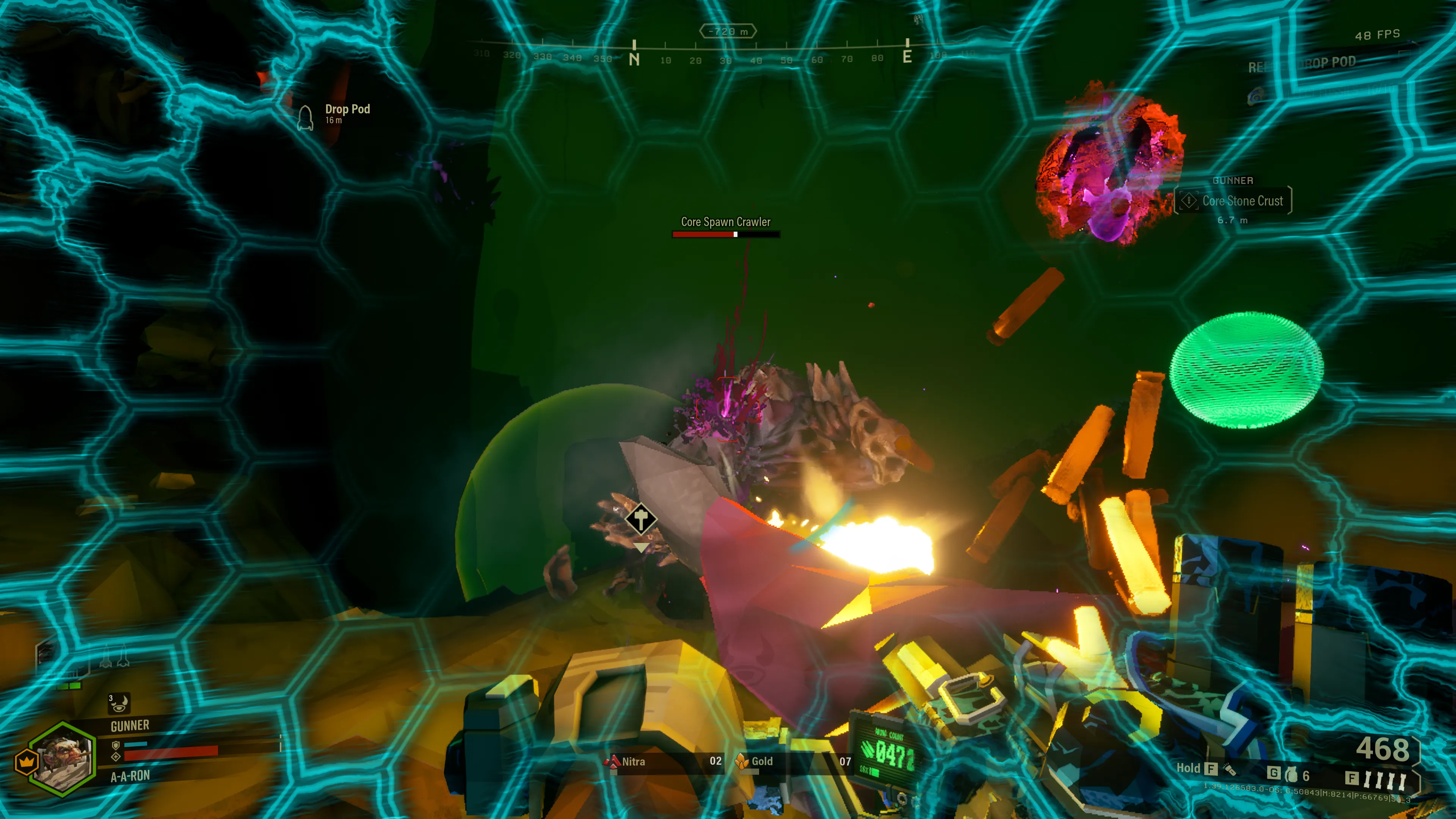 First-person view of a Gunner dwarf firing a minigun at a Core Spawn Crawler enemy in a glowing cavern, with cyan hexagonal cave patterns visible in the background and HUD elements showing ammunition count of 468