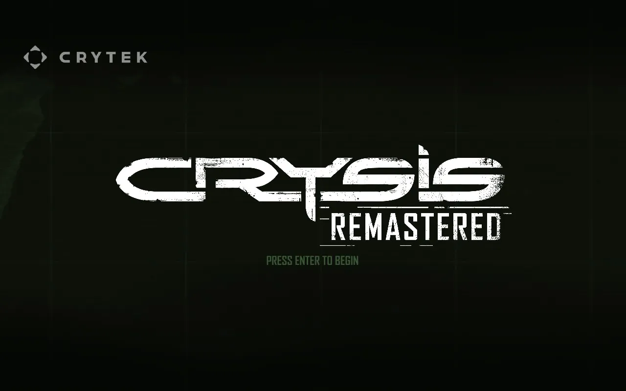 The image features the logo for “Crysis Remastered” on a dark background. The text “CRYTEK” appears in the top left corner. The words “Press Enter to Begin” are faintly visible below the main logo.