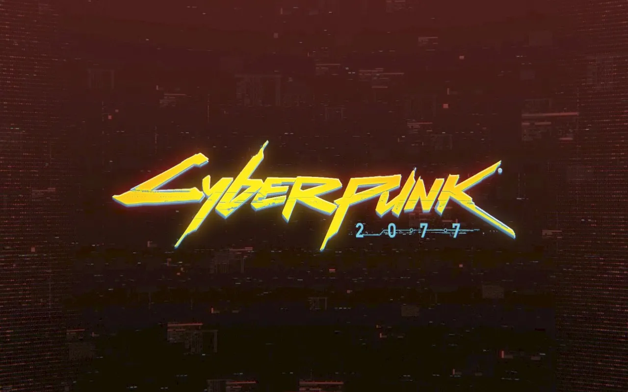 The Cyberpunk 2077 title screen. The game's logo sits centered on a dark, static-filled screen tinted deep red: 'CYBERPUNK' in bold, angular yellow lettering with a glitchy magenta shadow, above '2077' rendered in a thin cyan techno font. Faint distorted shapes in the background suggest a city skyline glimpsed through digital noise.