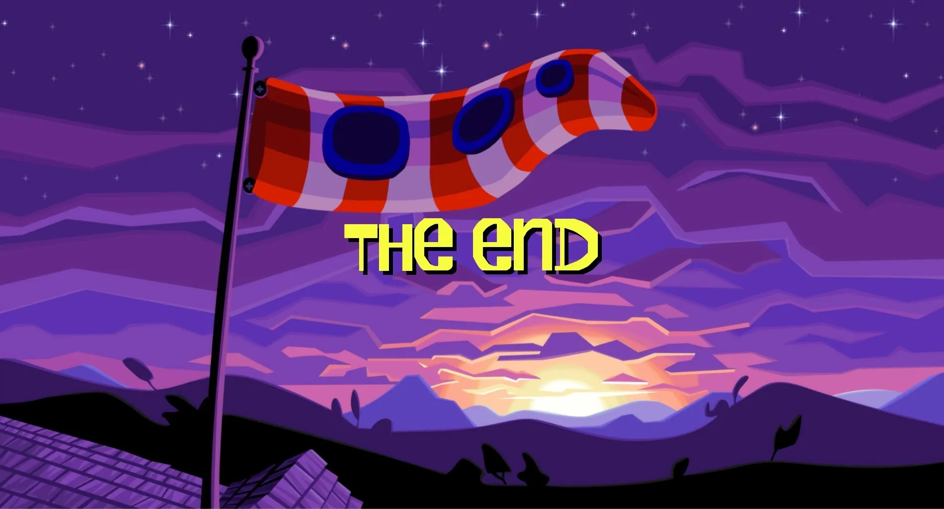 A red and white checkered flag with blue circles waves on a flagpole against a purple sky filled with stars. Below the flag, the words ‘THE END’ are prominently displayed in yellow text. The background features a stylized sunset with mountains and hills in silhouette.