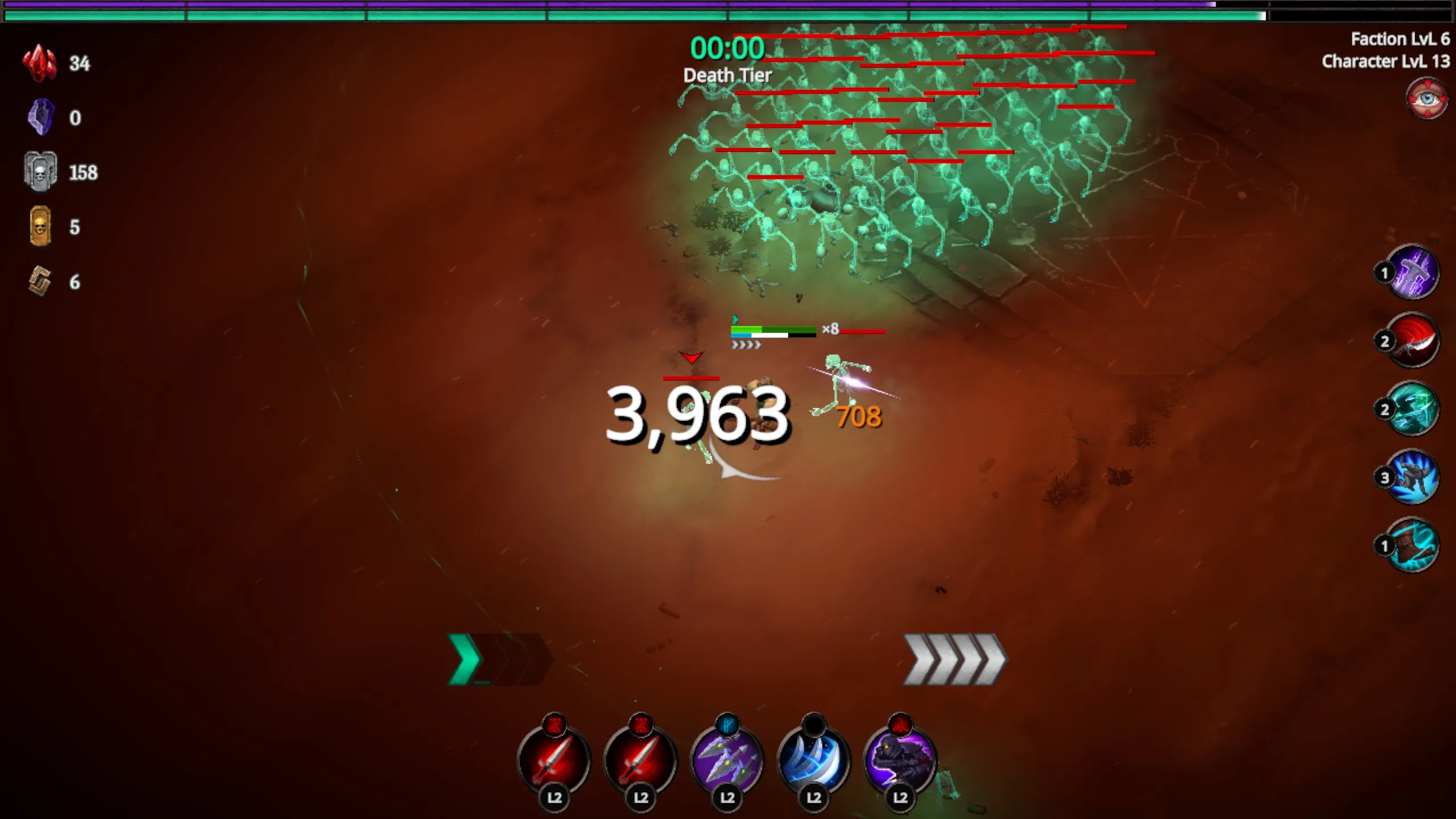 Top-down action RPG screenshot showing a lone player character attacking a dense formation of glowing, translucent skeletal enemies. Red health bars hover over dozens of enemies clustered at the top of the screen. Large white damage numbers (‘3,963’) appear near the player, with ability icons and cooldowns visible along the bottom and right edges. UI text shows ‘Death Tier’ and character and faction levels.