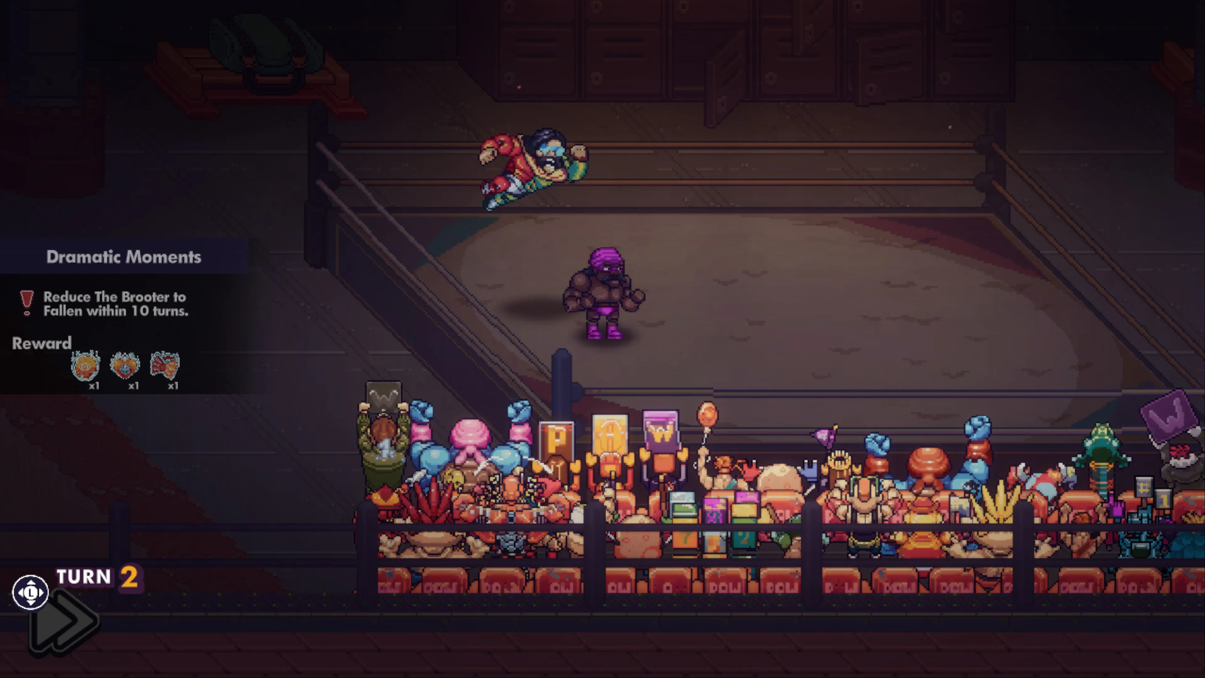 A screenshot from a turn-based strategy game showing a wrestling ring or arena setting. In the center of the ring stands a character with purple hair and dark clothing. The bottom of the screen displays a crowded audience of various colorful pixel art characters watching the match. The interface shows ‘TURN 2’ in the bottom left, and there’s a ‘Dramatic Moments’ objective visible that reads ‘Reduce The Brooter to Fallen within 10 turns’ with reward icons below it. The scene appears to be from a wrestling-themed tactical combat game.