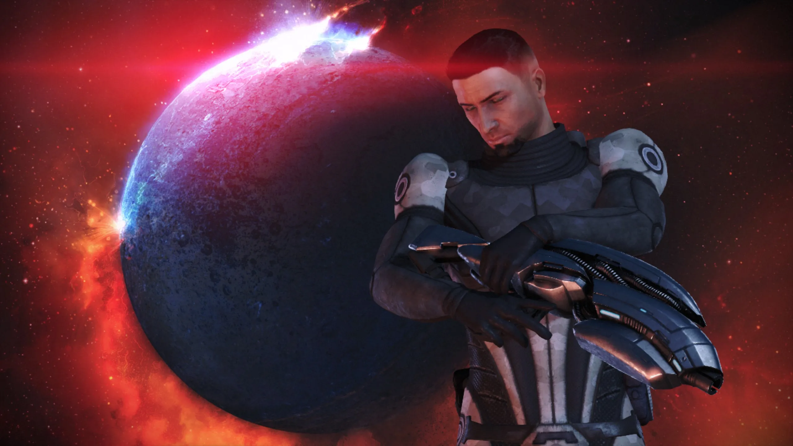 Commander Shepard in N7 armor holding a futuristic weapon against a backdrop of a planet with dramatic red and blue energy effects in space