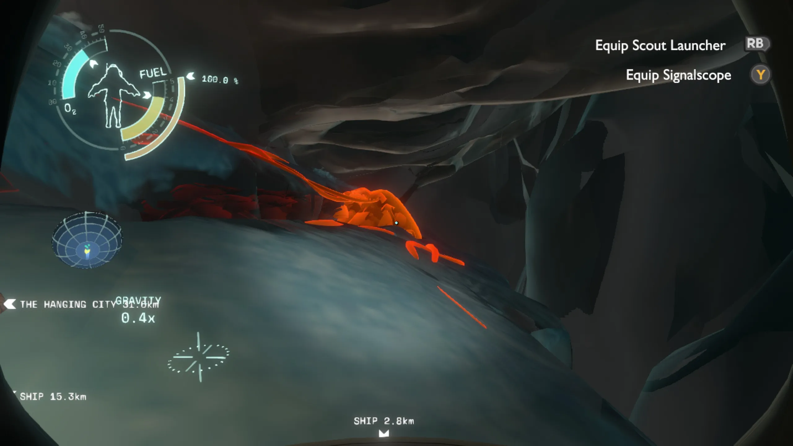 A first-person screenshot from Outer Wilds showing the player exploring a dark cave environment near The Hanging City. Bright orange-red lava flows across a blue-grey rocky surface, casting a warm glow. The HUD displays O2 and fuel gauges at the top left, 0.4x gravity, a star map in the lower left, and ship distance indicators. Equipment prompts for the Scout Launcher and Signalscope appear in the upper right.