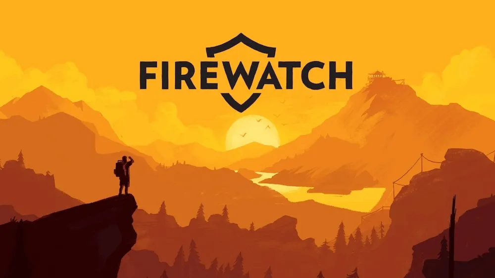 A silhouette of a person standing on a cliff with a backpack and hand raised to their forehead, overlooking a vast landscape of mountains and forests during sunset. The word ‘FIREWATCH’ is prominently displayed in bold black letters with a shield emblem integrated into the text. In the background, a watchtower is visible atop a distant mountain, and the sky is filled with warm orange and yellow hues.