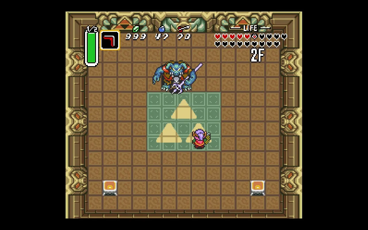 A Legend of Zelda: A Link to the Past boss battle scene taking place in an ornate indoor chamber. The room features a decorative border with carved stone patterns and a brown tiled floor. In the center is Ganon - a blue and red armored creature holding a trident. Link, the small red-clad hero, is positioned in the lower portion of the room on a green carpet or rug area with the triforce symbol. The UI shows Link’s health with multiple heart containers in the upper right, item slots in the upper left displaying a boomerang, and various counters including “999” rupees and other statistics. The room has lit torches or braziers in the lower corners, and “2F” is visible in the corner, indicating this is the second floor of a dungeon or building.