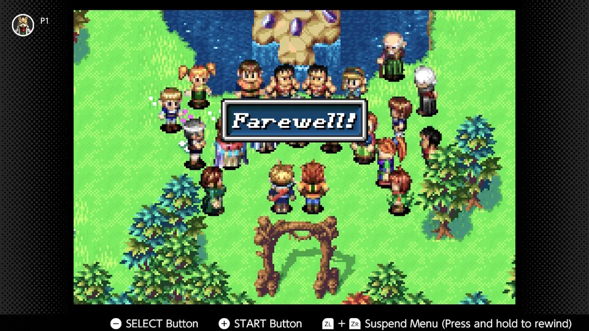A group of pixelated characters gather in a grassy area near a body of water, with some trees and a wooden arch in the foreground. The characters are facing each other, and a large dialogue box in the center of the screen displays the word Farewell!! in white text. The scene has a celebratory or farewell atmosphere, with the characters appearing to be in conversation or bidding goodbye.