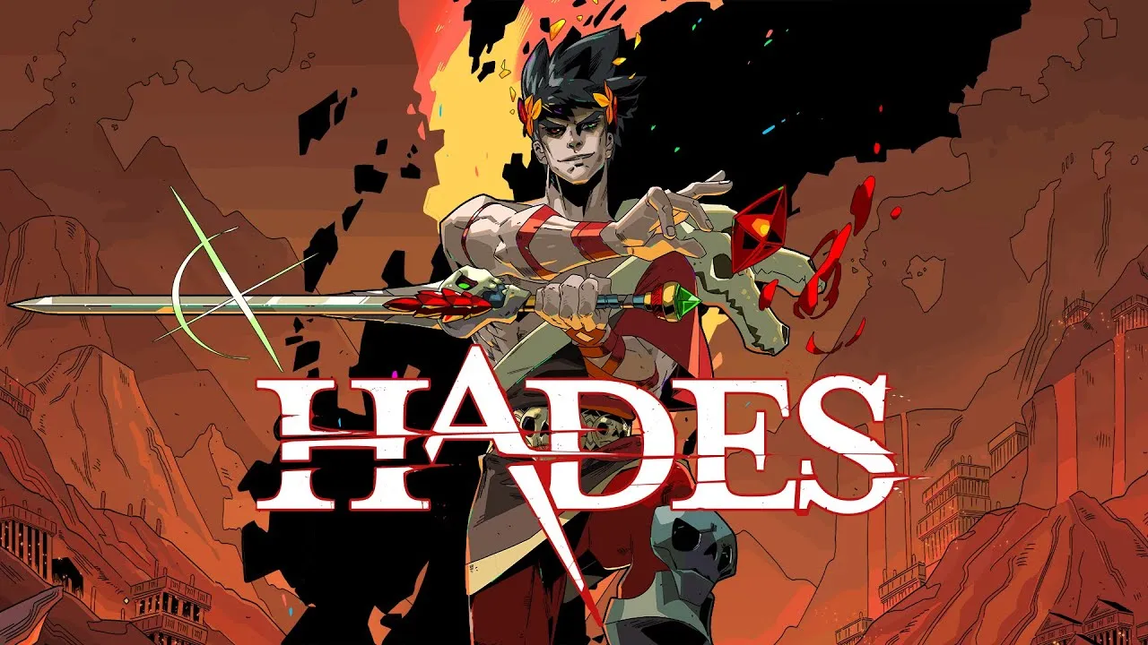 Illustration of Zagreus, the protagonist from the video game Hades. He is depicted with a determined expression, holding a spear and wearing a laurel crown. The background features a fiery, underworld landscape with ruins. The title ‘Hades’ is prominently displayed at the bottom of the image.