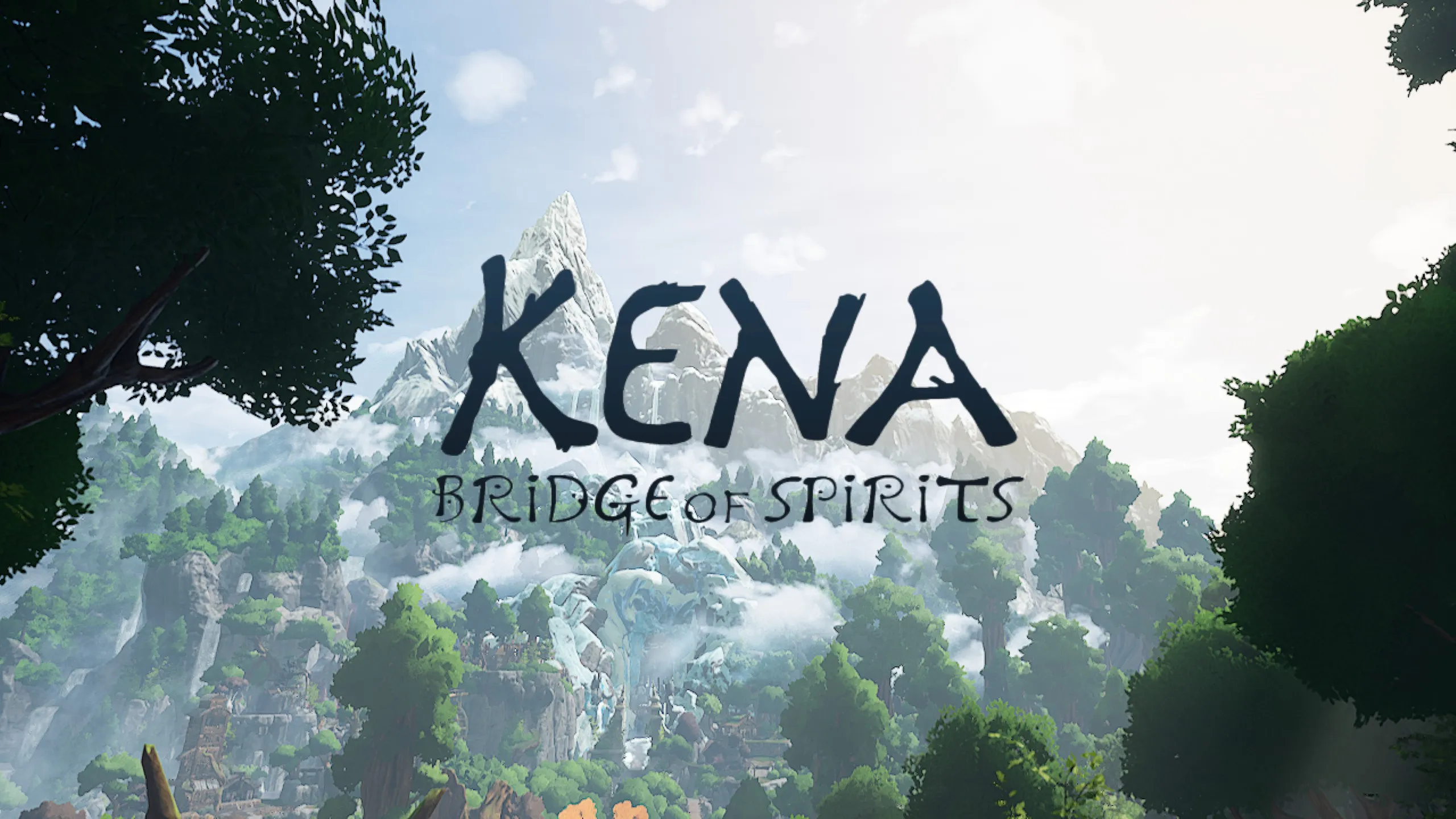 The Kena: Bridge of Spirits title screen. A lush, misty valley of green forested slopes and stone ruins rises toward a snow-capped mountain peak under a soft, cloudy sky. The game's title, 'KENA' in large dark brush-style letters above 'Bridge of Spirits,' is centered over the scenery in a Pixar-like painterly art style.
