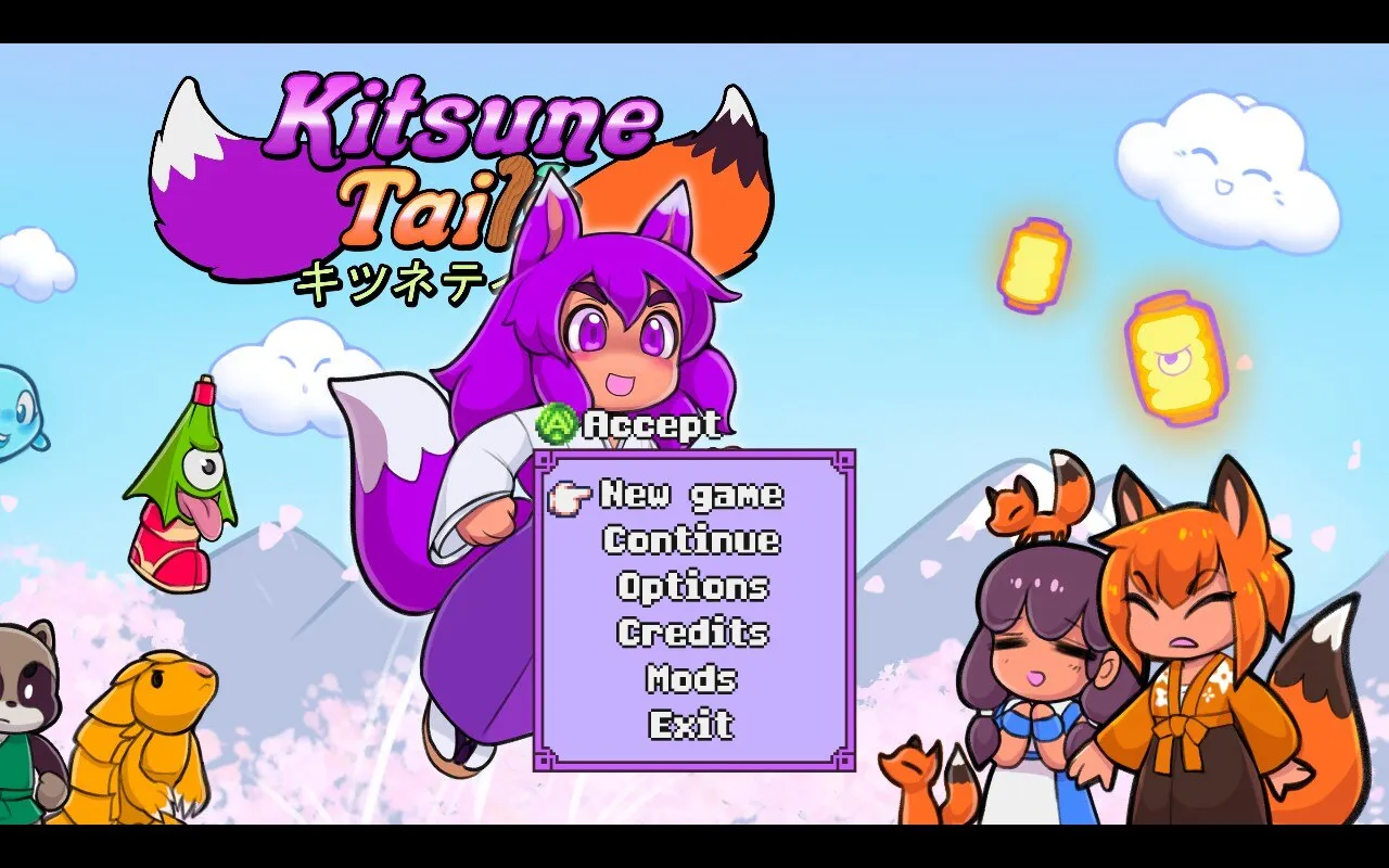 The image is a colorful, cartoon-style game menu screen for a game titled “Kitsune Tails.” The title is displayed prominently at the top with stylized text and a fox tail illustration. Below the title, a character with purple hair and fox ears is shown holding a sign with menu options: “New game,” “Continue,” “Options,” “Credits,” “Mods,” and “Exit.” The background features a bright sky with fluffy clouds and floating lanterns. To the right, two more characters are present: one with orange hair and fox ears, and another with dark hair and a small fox on her head. Additional cute, animal-like characters are scattered around the scene.