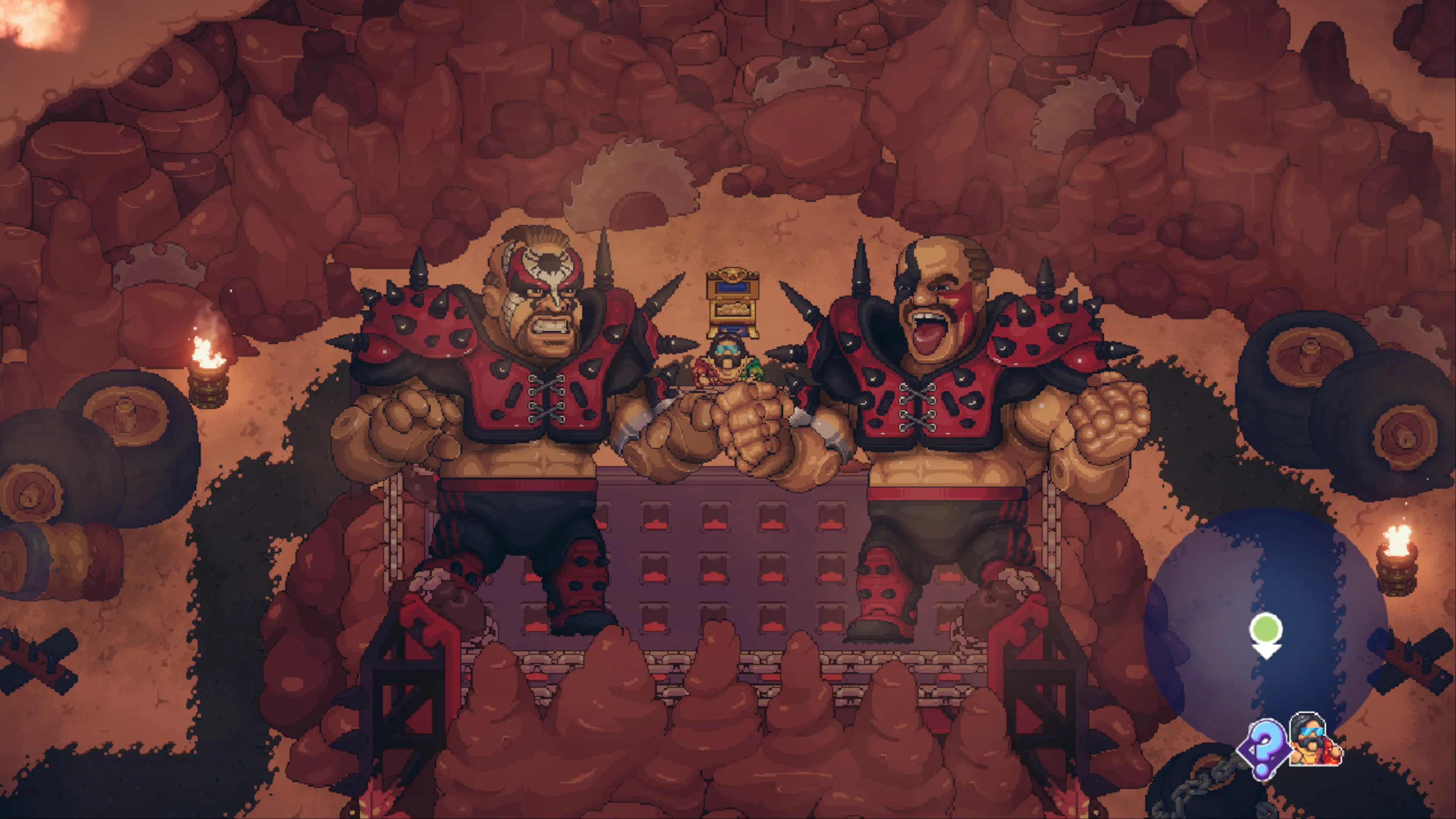 A pixel art scene from a video game showing two muscular, demonic-looking characters with spiked red and black armor standing in what appears to be a dungeon or cave setting. The characters have horned helmets and are positioned behind stone structures with torches providing flickering light. The environment has reddish-brown cave walls and rocky terrain, creating a dark, underground atmosphere typical of dungeon-crawler games.