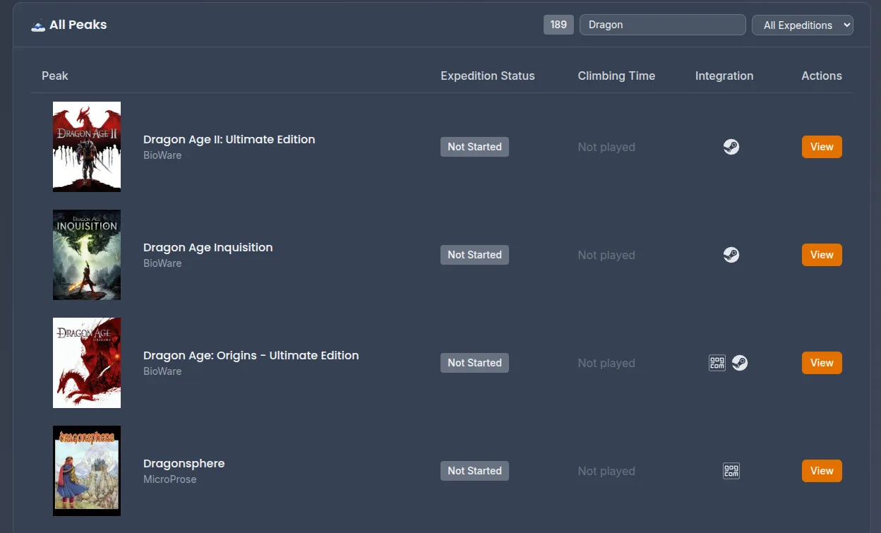 “All Peaks” view showing a filtered search for “Dragon” games with 189 total results. The list displays Dragon Age games including Dragon Age II: Ultimate Edition, Dragon Age Inquisition, Dragon Age: Origins - Ultimate Edition (all by BioWare), and Dragonsphere by MicroProse. All games show “Not Started” expedition status and “Not played” climbing time.