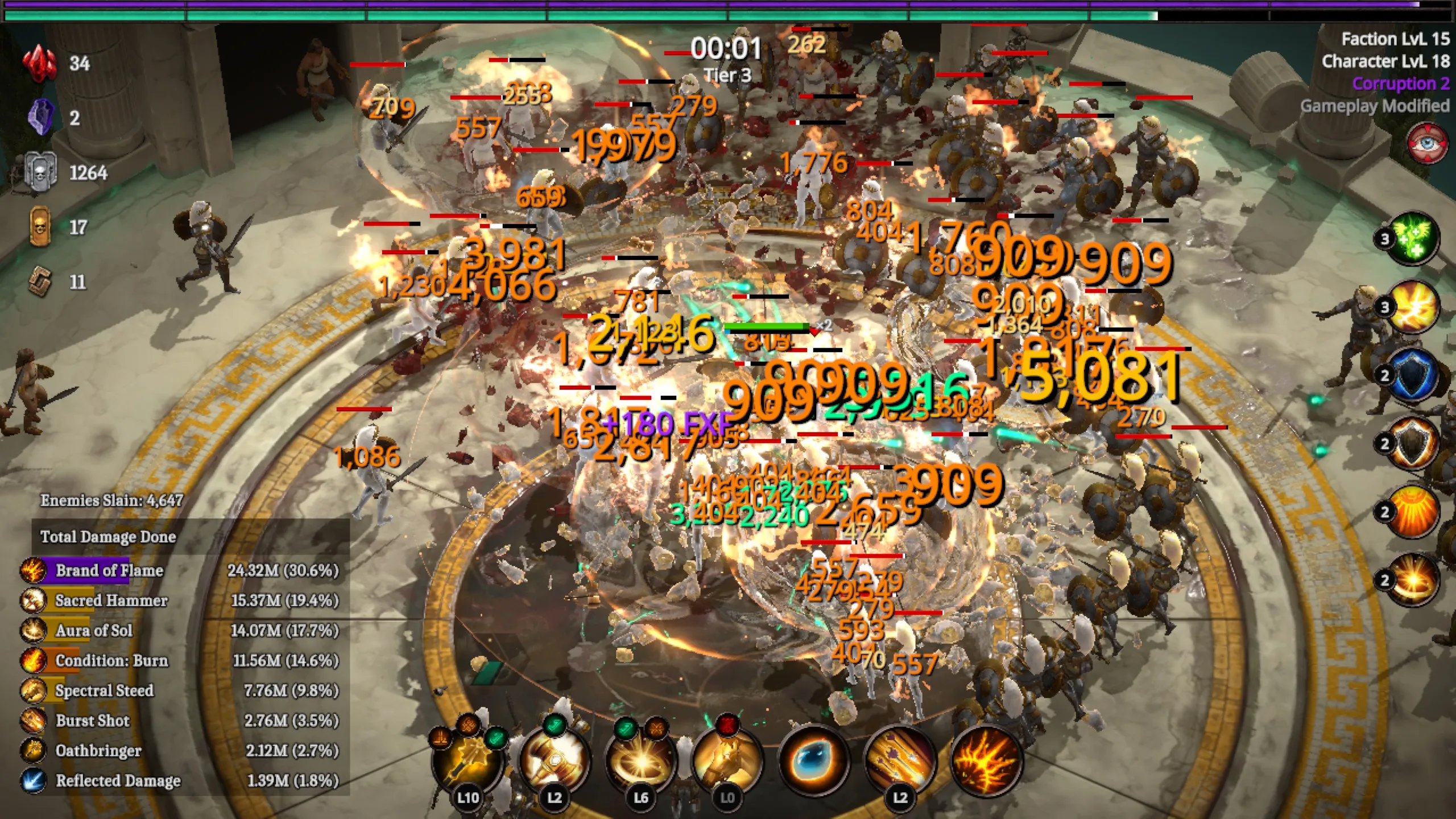 Chaotic top-down action RPG battle scene with the player surrounded by a large crowd of armored enemies wielding shields and weapons. The screen is filled with overlapping orange and green damage numbers, fire and light effects, and circular area-of-effect attacks. UI panels show ability icons at the bottom, enemy counts, and a damage breakdown on the left, with blood and debris scattered across a stone arena floor.