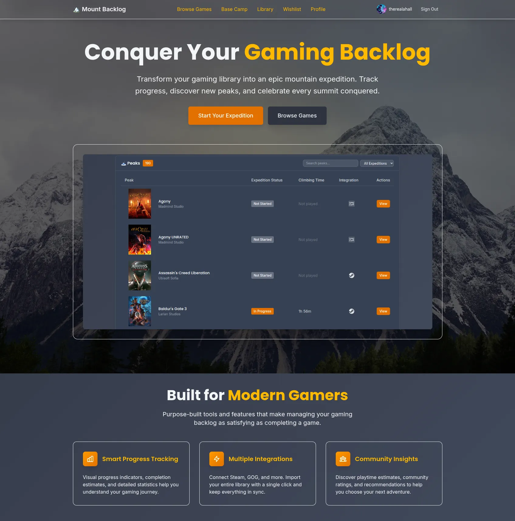 Screenshot of Mount Backlog website homepage featuring a mountain-themed gaming backlog management platform. The header shows “Conquer Your Gaming Backlog” with tagline “Transform your gaming library into an epic mountain expedition. Track progress, discover new peaks, and celebrate every summit conquered.” Two action buttons read “Start Your Expedition” and “Browse Games.” The main interface displays a “Peaks” dashboard showing a gaming library with titles like Agony, Agony UNRATED, Assassin’s Creed Liberation, and Baldur’s Gate 3, each with expedition status, climbing time, and integration columns. Below are three feature sections: “Smart Progress Tracking” with visual progress indicators, “Multiple Integrations” for connecting Steam and GOG libraries, and “Community Insights” for discovering playtime estimates and recommendations. The design uses a dark theme with orange accent colors against a dramatic mountain landscape background.