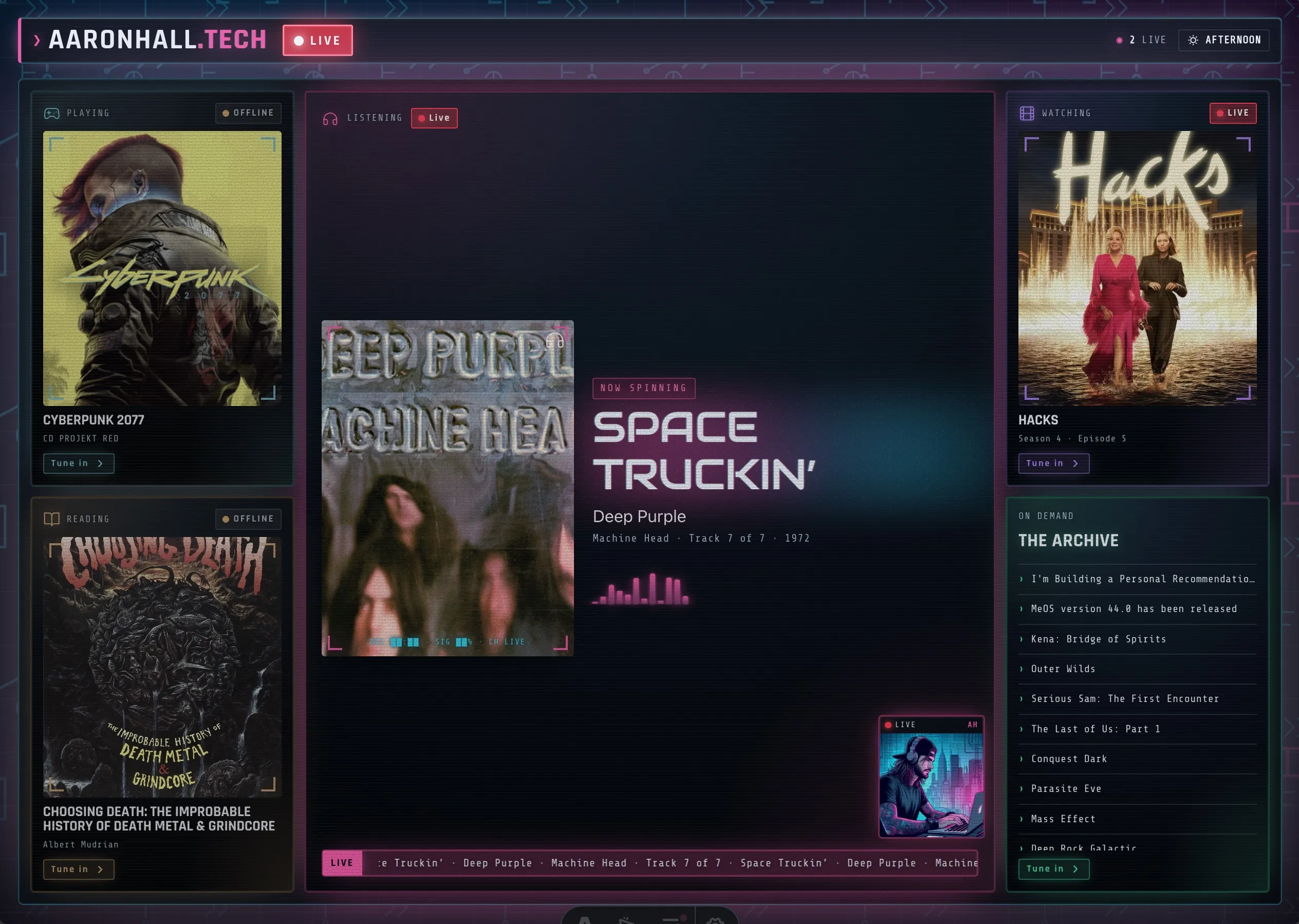 The redesigned aaronhall.tech home page: a dark, neon cyberpunk video wall of monitor-style panels showing what I'm playing, reading, watching, and listening to right now, with an on-demand archive of blog posts and game reviews down the right side.