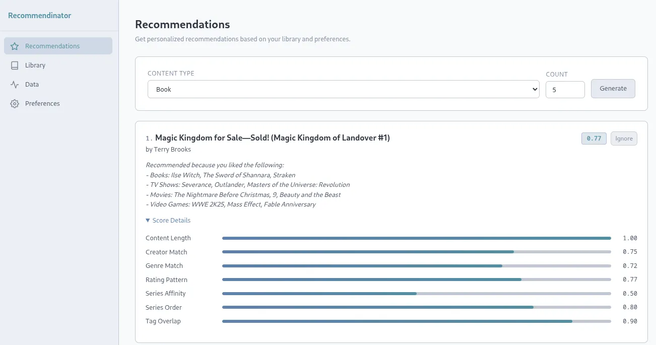 Screenshot of the Recommendinator Recommendations page in light mode showing a non-AI generated book recommendation. “Magic Kingdom for Sale—Sold!” by Terry Brooks has a score of 0.77, with an explanation listing similar liked content across books, TV shows, movies, and video games. An expanded Score Details section shows bar chart scores for Content Length (1.00), Creator Match (0.75), Genre Match (0.72), Rating Pattern (0.77), Series Affinity (0.50), Series Order (0.80), and Tag Overlap (0.90).