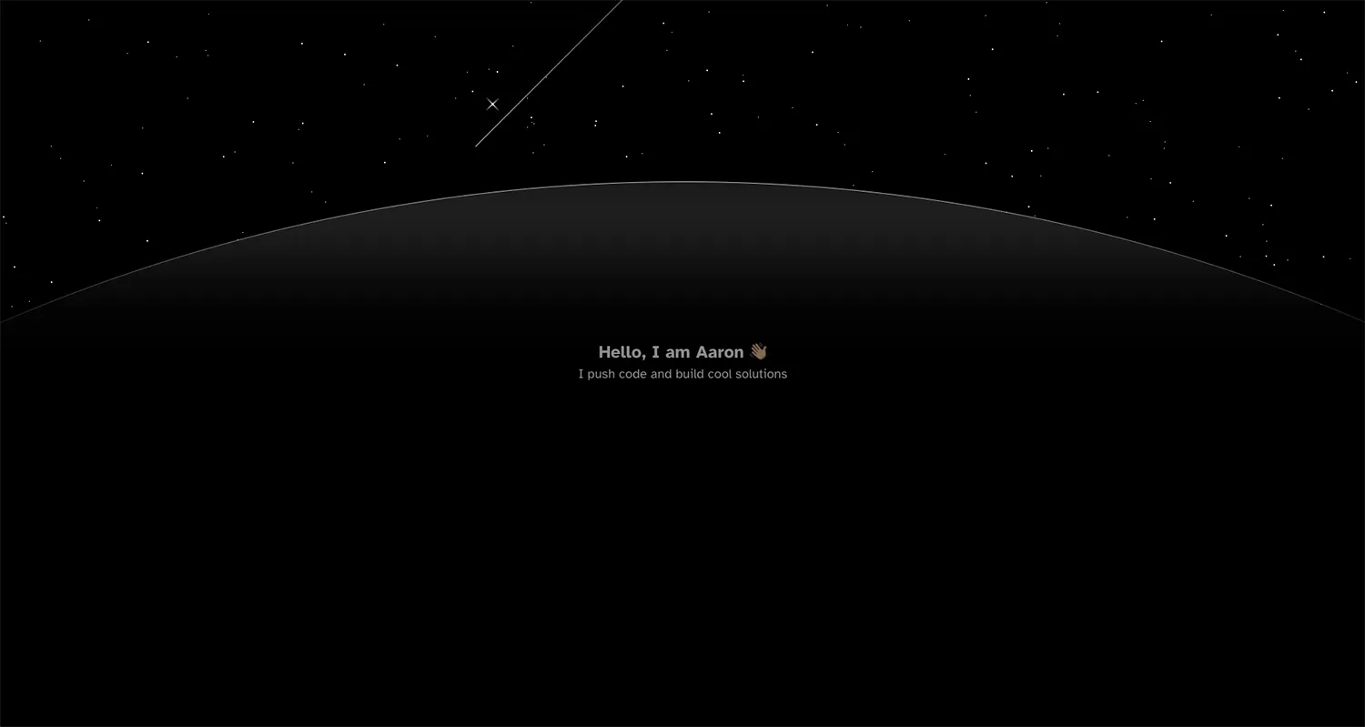 The original aaronhall.tech landing page: a minimal dark hero with a starfield night sky, a shooting star, and a planet's curved horizon rising from the bottom, centered on the greeting "Hello, I am Aaron" with the subtitle "I push code and build cool solutions".