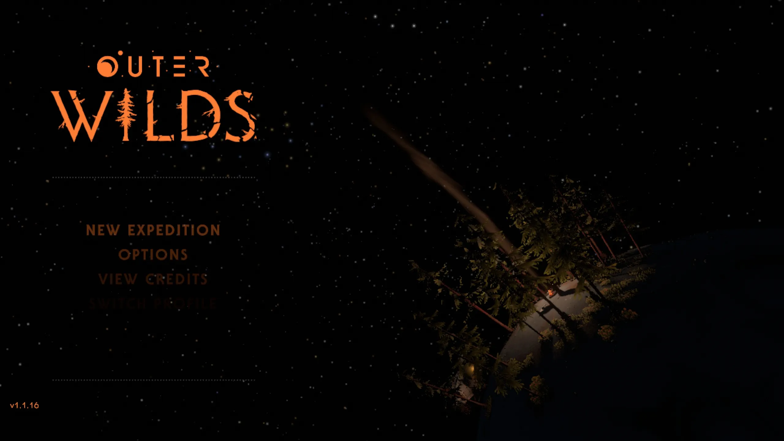 The main menu screen of Outer Wilds appears against a star-filled black sky. The game’s title glows in orange on the left above menu options like ‘New Expedition’ and ‘Options,’ while on the right a small, forested planet floats in space, lit by a campfire and streaked by a passing meteor.