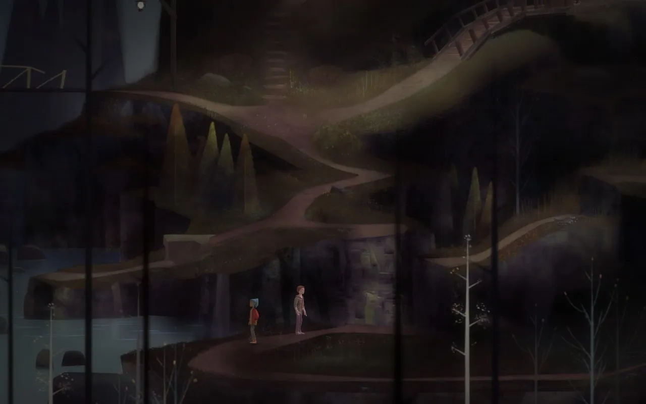 Two characters stand on a dark, winding path in a mysterious and eerie forest. The scene is dimly lit, with shadowy trees and a bridge in the background. The atmosphere is somber and foreboding, with muted colors and an overall sense of isolation. The characters appear to be exploring or confronting something unknown in this haunting landscape.