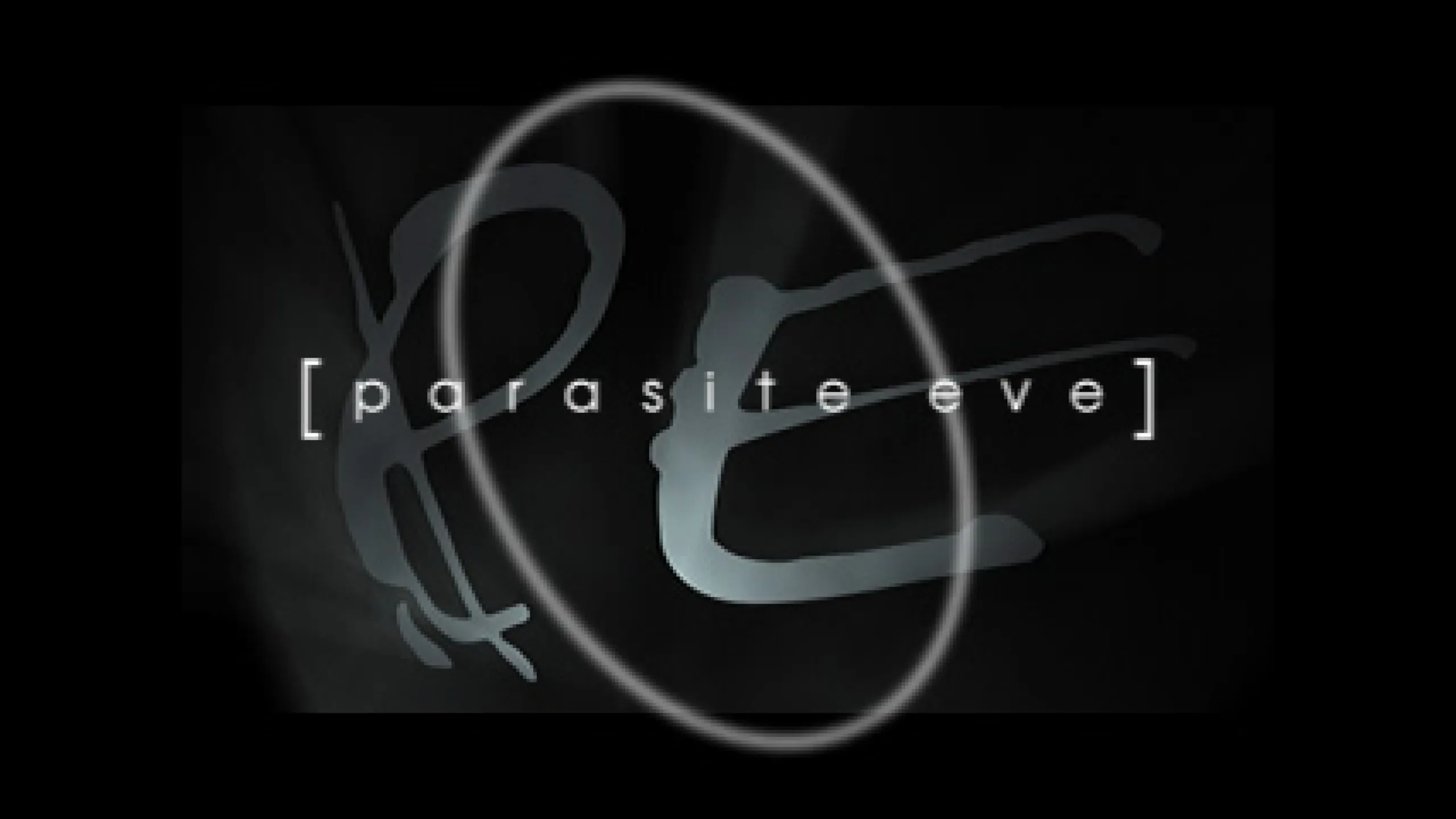 Parasite Eve logo on black background featuring stylized mitochondria design with the game title text in white lowercase letters within brackets
