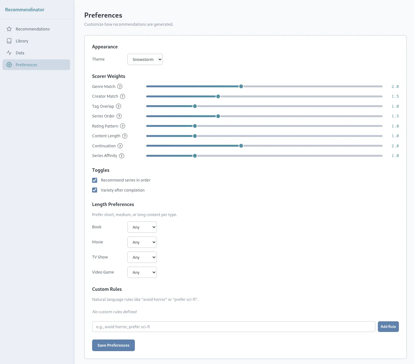 Screenshot of the Recommendinator Preferences page using the Snowstorm theme (light mode), showing identical layout and settings to the Nord theme screenshot but with a light blue-and-white color scheme instead of dark mode.