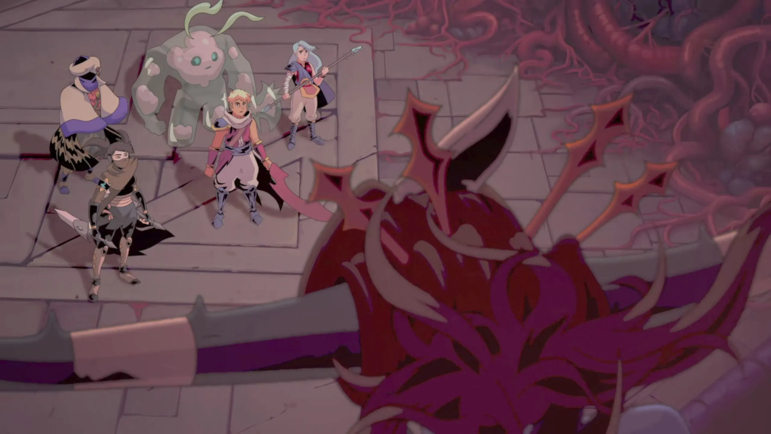 An illustrative, hand-drawn cutscene in which the party stands braced on a tiled floor with weapons drawn, facing a massive writhing red creature that fills the right side of the frame. The group includes a blonde spear-wielder at the center, a masked rogue crouched with a dagger, a pale-haired warrior holding a spear, a robed figure, and a glowing cloud-like companion.