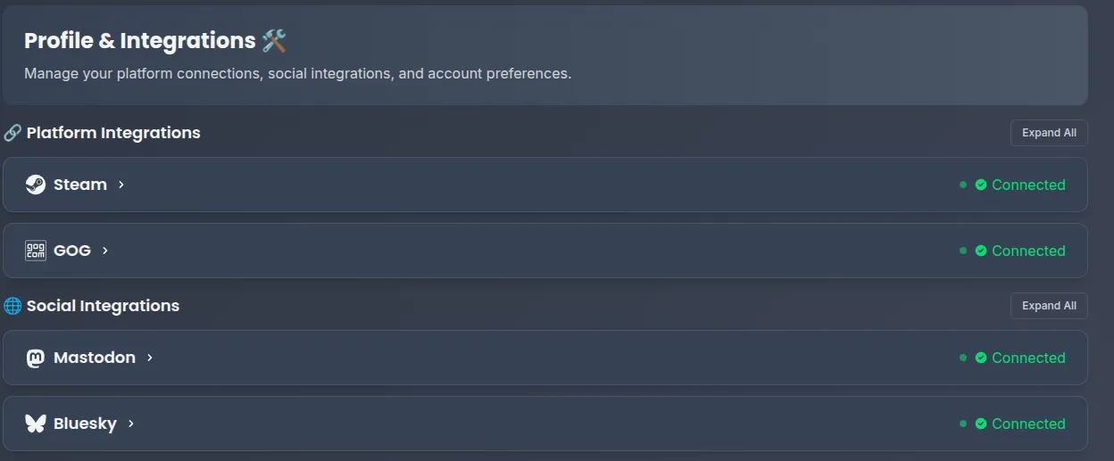 Profile &amp; Integrations page showing platform and social integrations management. Under Platform Integrations, both Steam and GOG show “Connected” status. Under Social Integrations, both Mastodon and Bluesky show “Connected” status, with “Expand All” options available for each section.