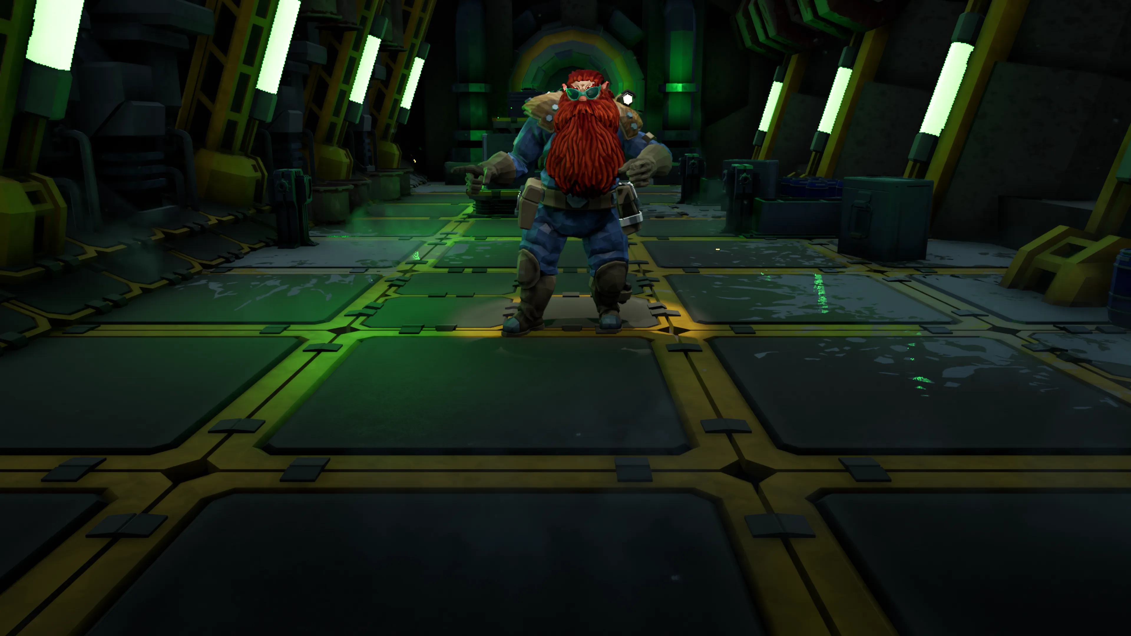 A dwarf character with a red beard sitting cross-legged in the Space Rig’s drop pod bay, surrounded by industrial green lighting and yellow hazard striping on the floor