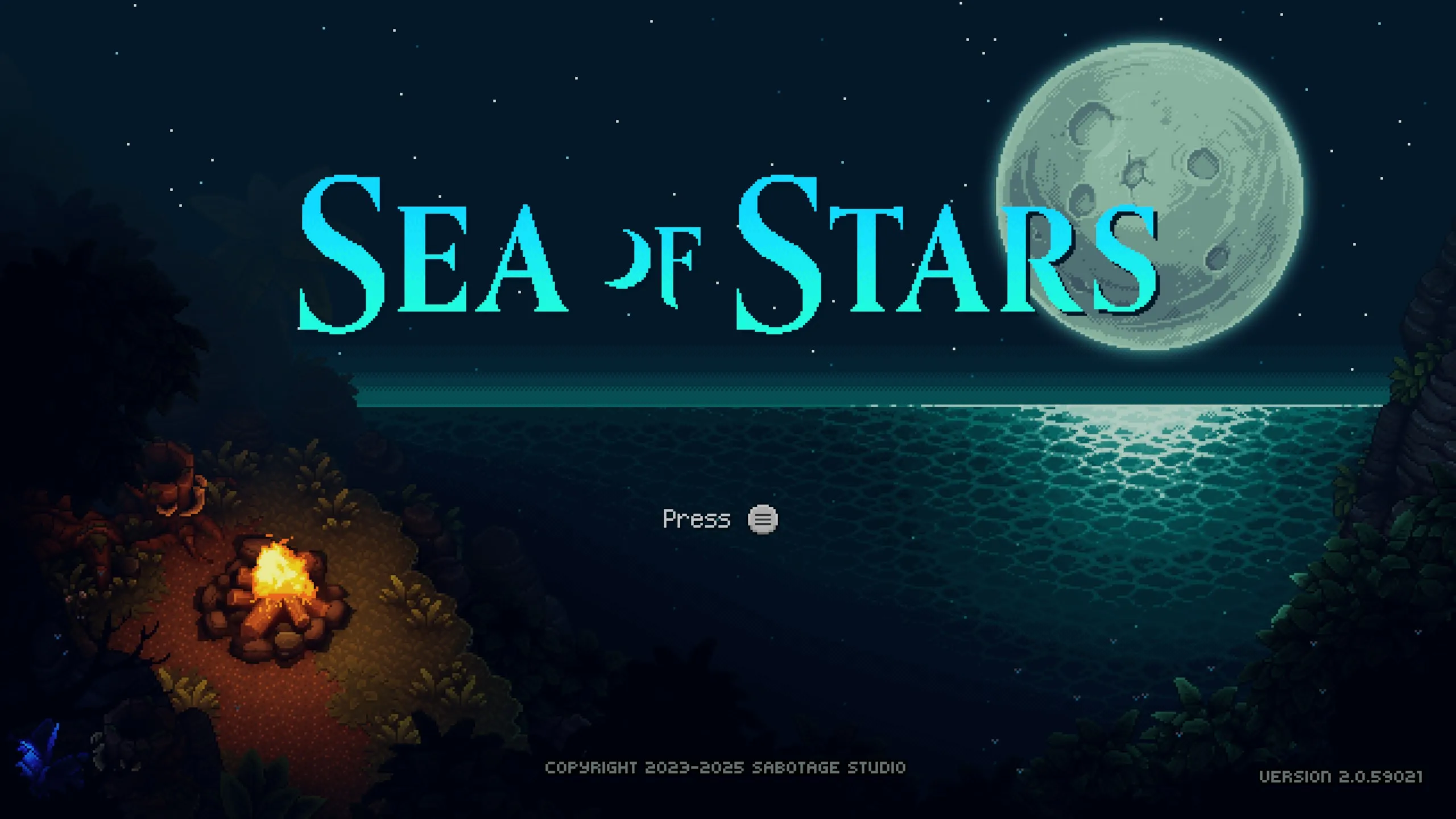 The Sea of Stars title screen. The game's name glows in cyan pixel-art lettering over a moonlit ocean at night, with a large full moon hanging in a starry sky to the right. In the lower left, a campfire crackles on a rocky, plant-covered outcrop with a small blue butterfly resting nearby, and a 'Press' prompt sits centered beneath the title.