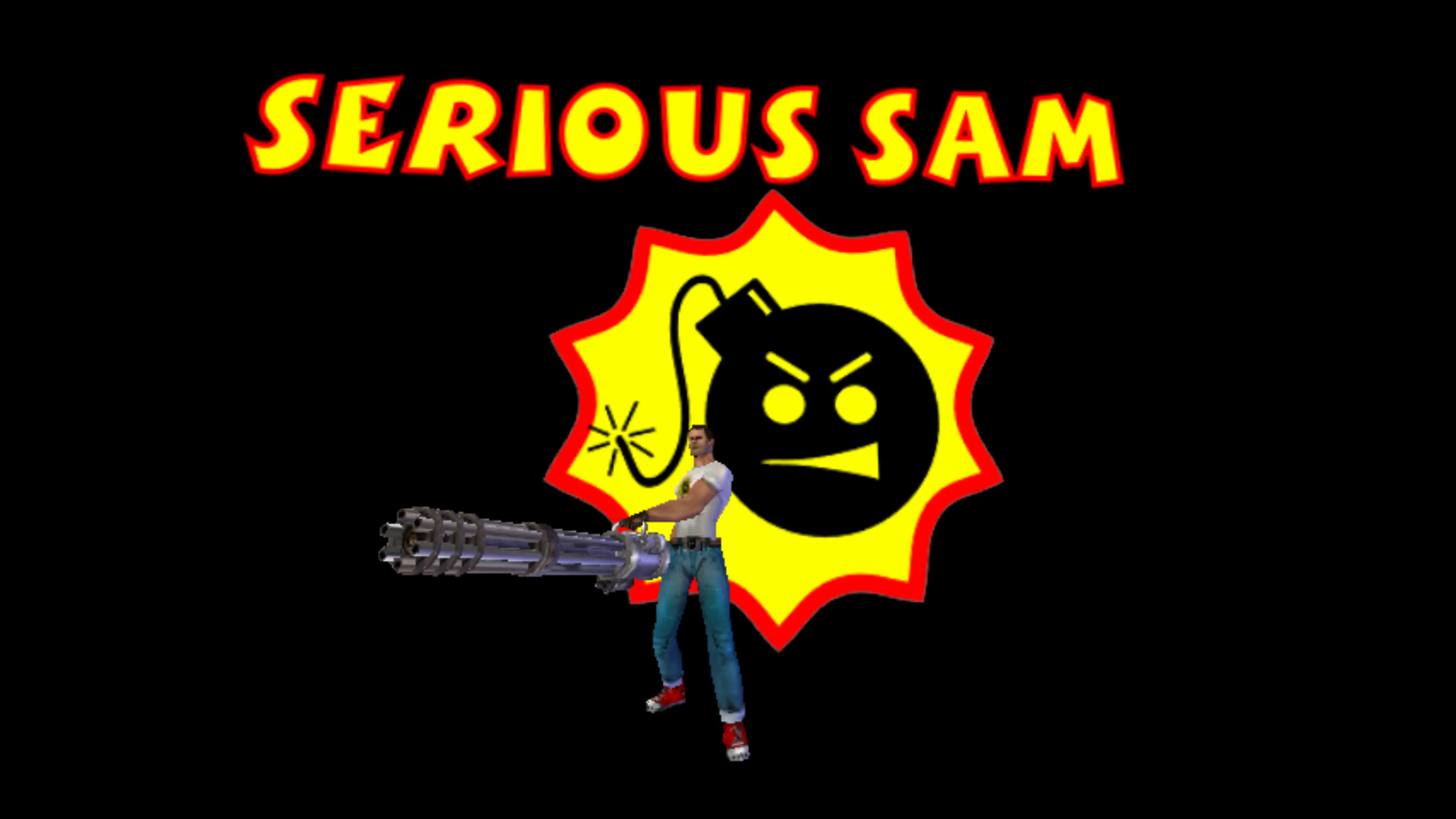 A promotional image for Serious Sam featuring the game’s logo in bold yellow text with red outline at the top. Below is a stylized bomb icon with an angry face on a yellow starburst badge with red border. In the foreground stands the protagonist Sam “Serious” Stone in a white t-shirt and jeans, wielding an oversized minigun, set against a black background.