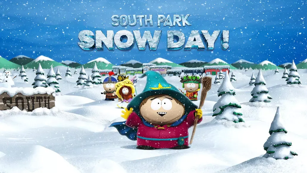 Characters from the animated series South Park dressed in winter and fantasy-themed costumes. The scene is set in a snowy landscape with snow-covered trees and mountains in the background. The central character, Eric, is wearing a wizard’s hat and robe, holding a staff, and smiling. Other characters are dressed as a knight, a king, and a warrior. The title “South Park Snow Day!” is prominently displayed at the top in large, icy letters.