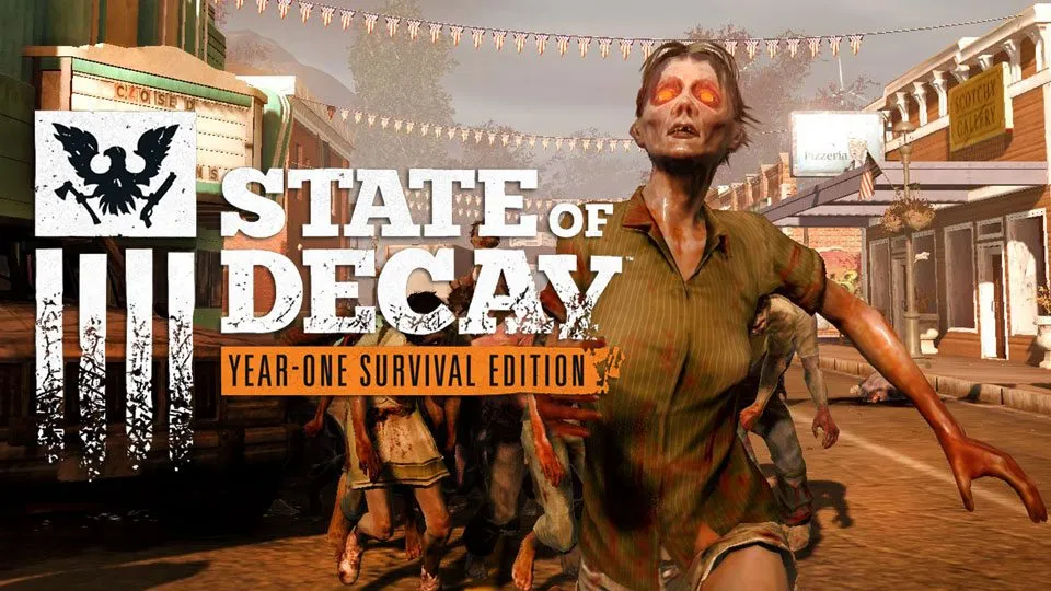 A menacing zombie with glowing red eyes and tattered clothes stumbles towards the viewer in a deserted, post-apocalyptic town. The title STATE OF DECAY is prominently displayed next to the zombie, with the subtitle YEAR-ONE SURVIVAL EDITION underneath in an orange banner. The background features abandoned buildings and a marquee, with other zombies visible in the distance. The overall scene conveys a sense of danger and survival in a world overrun by zombies.