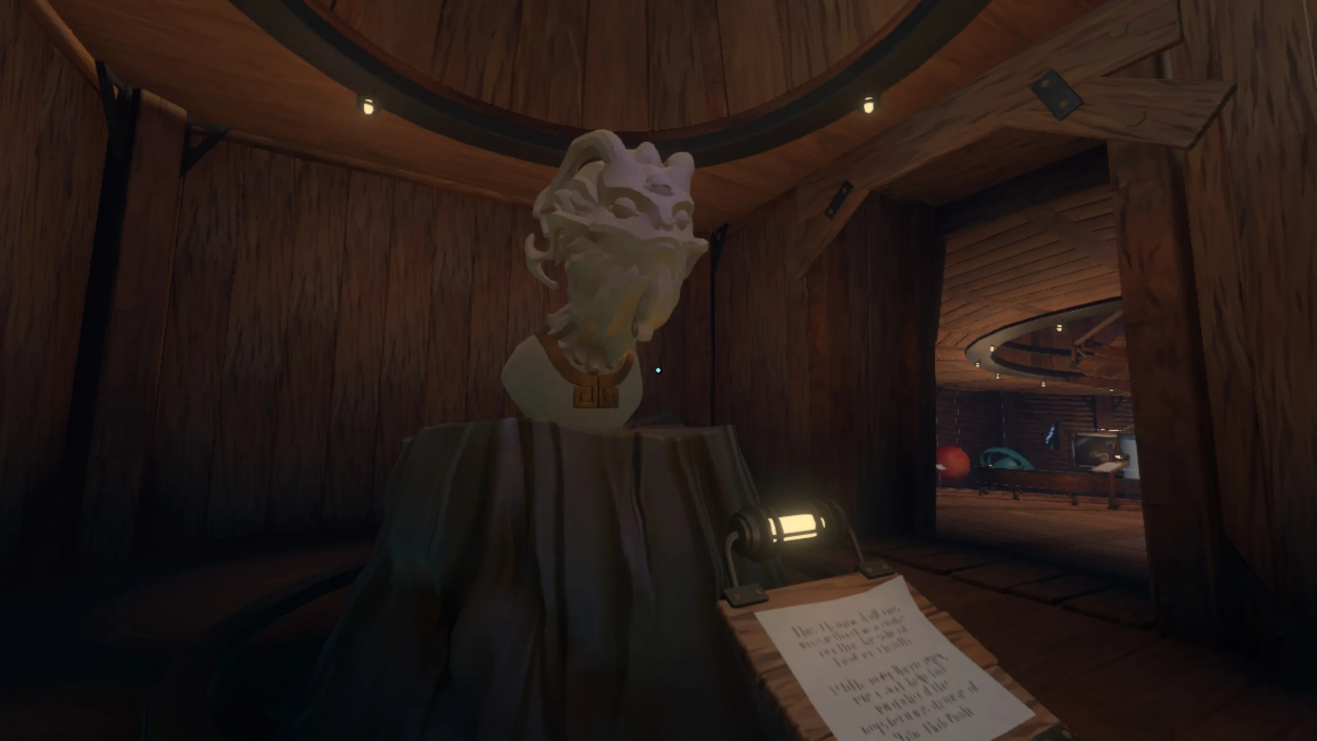 A first-person view inside a dimly lit wooden chamber in Outer Wilds: Echoes of the Eye. A white stone bust depicting a figure with flowing, flame-like hair sits atop a cloth-draped pedestal. A handwritten note and a small lantern rest on a wooden shelf below it. Through an arched doorway to the right, the curved wooden architecture of the Stranger’s interior is visible, with warm recessed lighting and its distinctive rounded design.