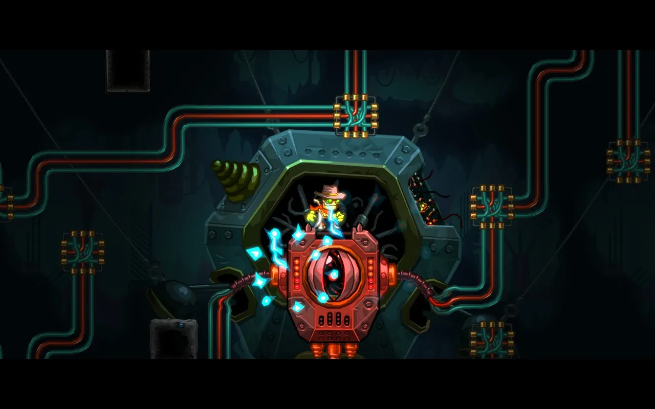 A cartoonish character wearing a hat and trench coat stands inside a large, mechanical structure with a circular, glowing red center. The structure is connected by multiple colorful cables and pipes, and emits blue electric sparks. The background is dark, suggesting an industrial or underground setting.