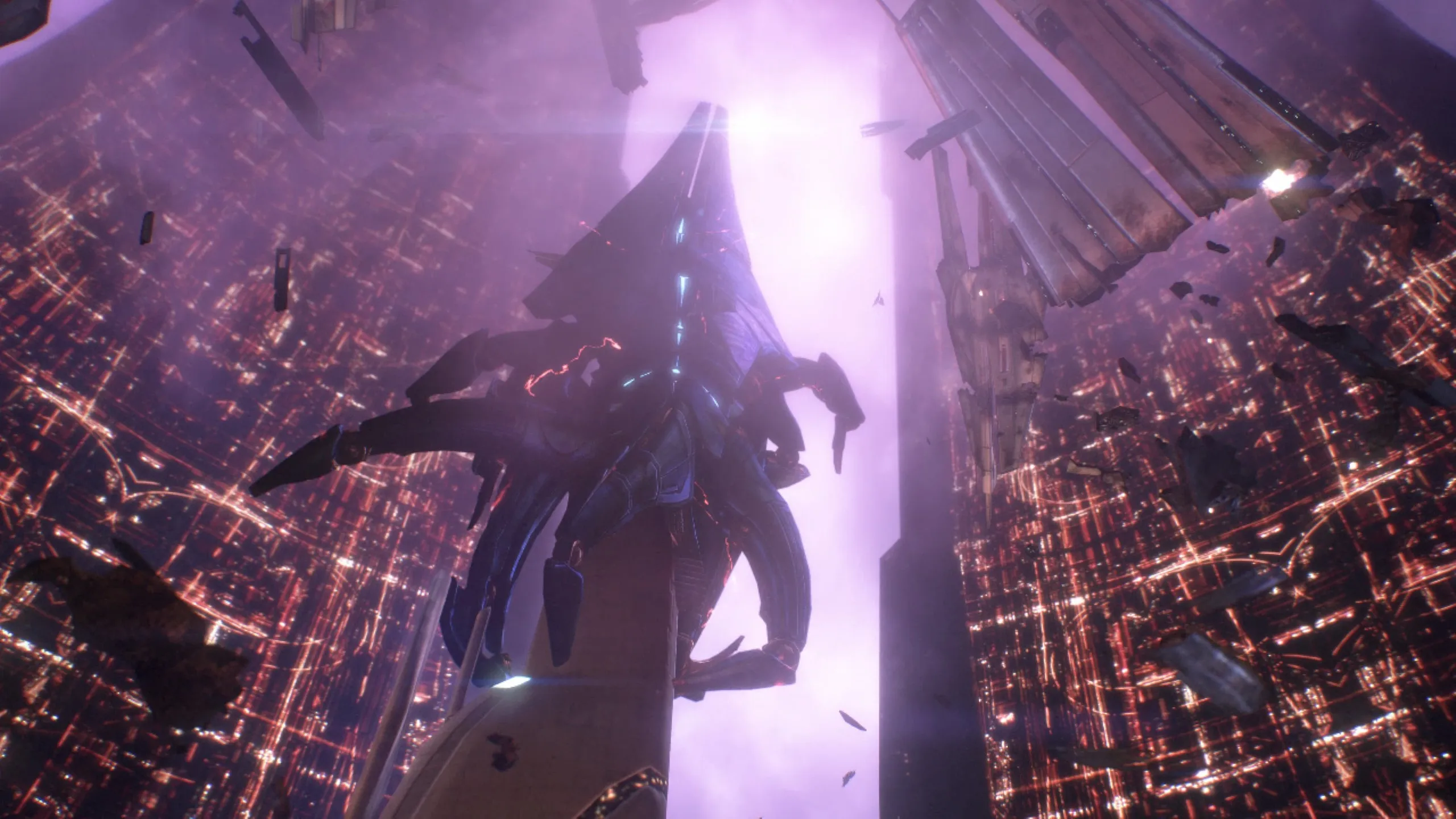Dramatic scene showing a Reaper, a massive sentient machine, silhouetted against a bright purple beam of light with a futuristic cityscape illuminated below at night