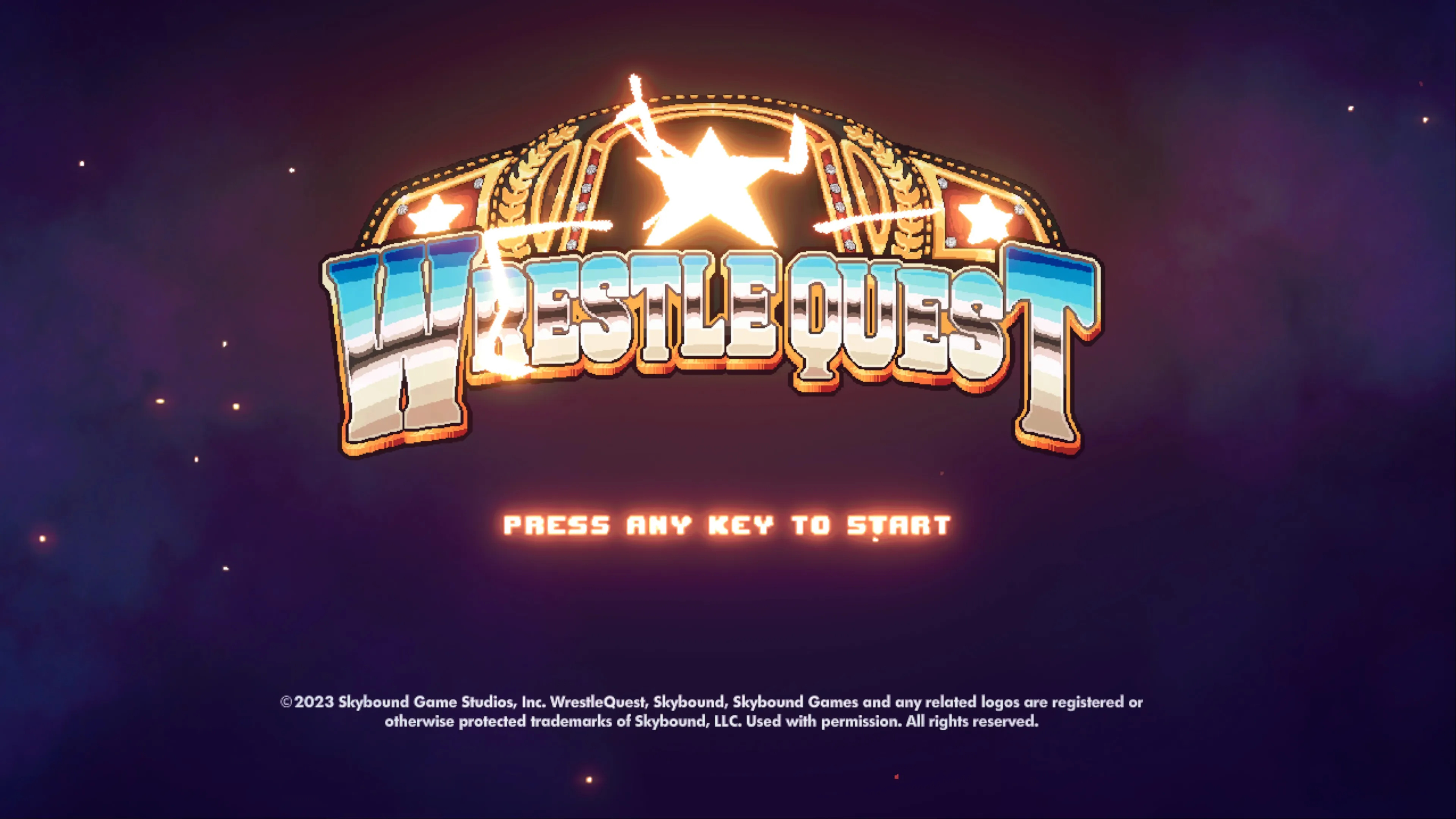 WrestleQuest video game title screen showing a wrestling championship belt logo with stars and ornate golden design against a purple starry background, with ‘Press Any Key to Start’ text below.