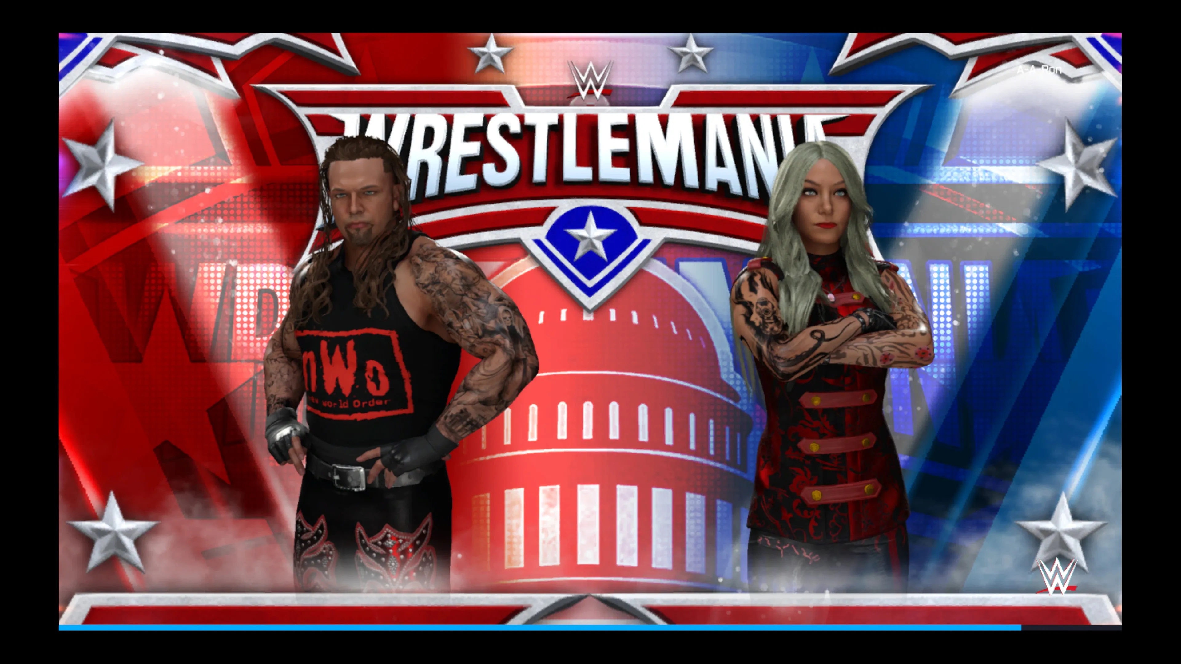 Two wrestlers with tattoos pose with arms crossed in front of a WrestleMania backdrop featuring red and blue lighting and the Capitol building, one wearing nWo shirt and the other in red and black attire in WWE 2K25